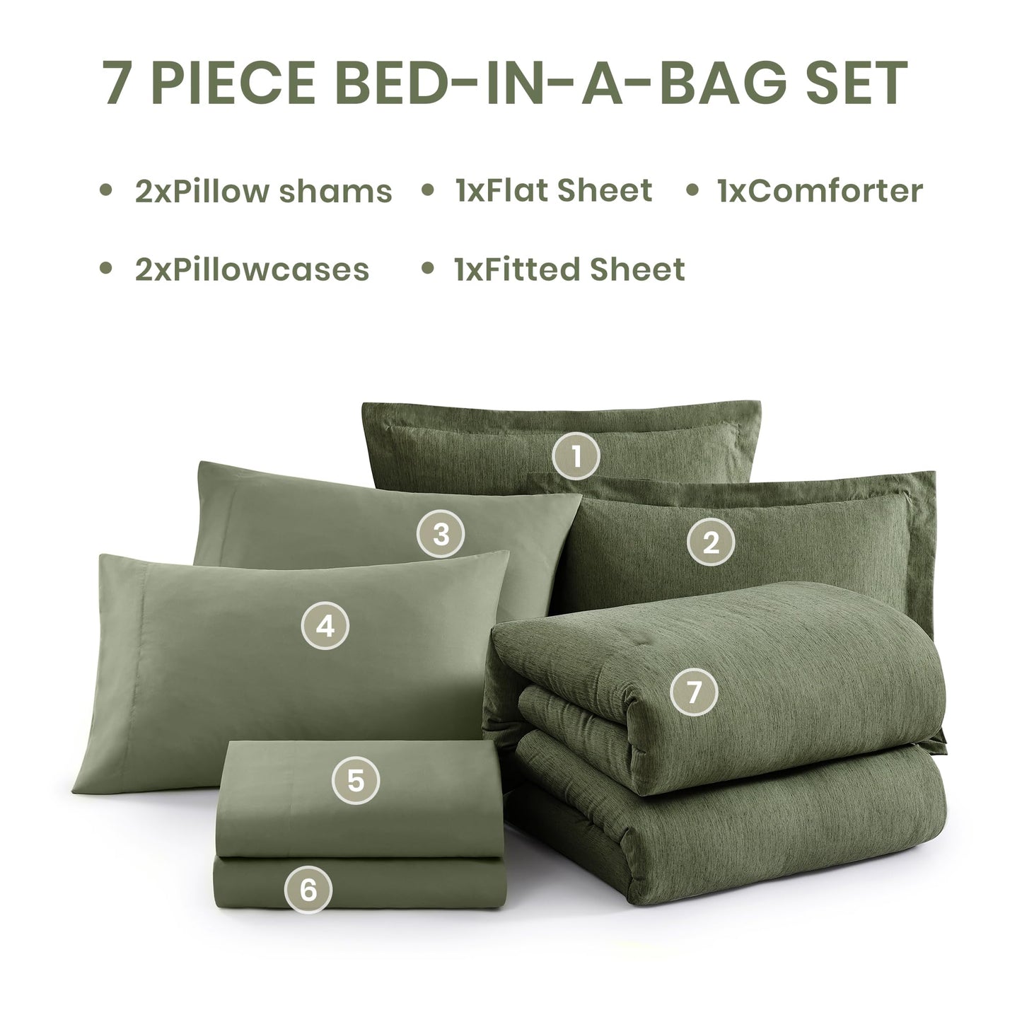 Monbix Queen Comforter Set - 7 Pieces Cationic Dyeing Olive Green Bed in a Bag Queen Bedding Sets with Comforter, Sheets, Pillowcases & Shams, Reversible Bedding Comforters Sets