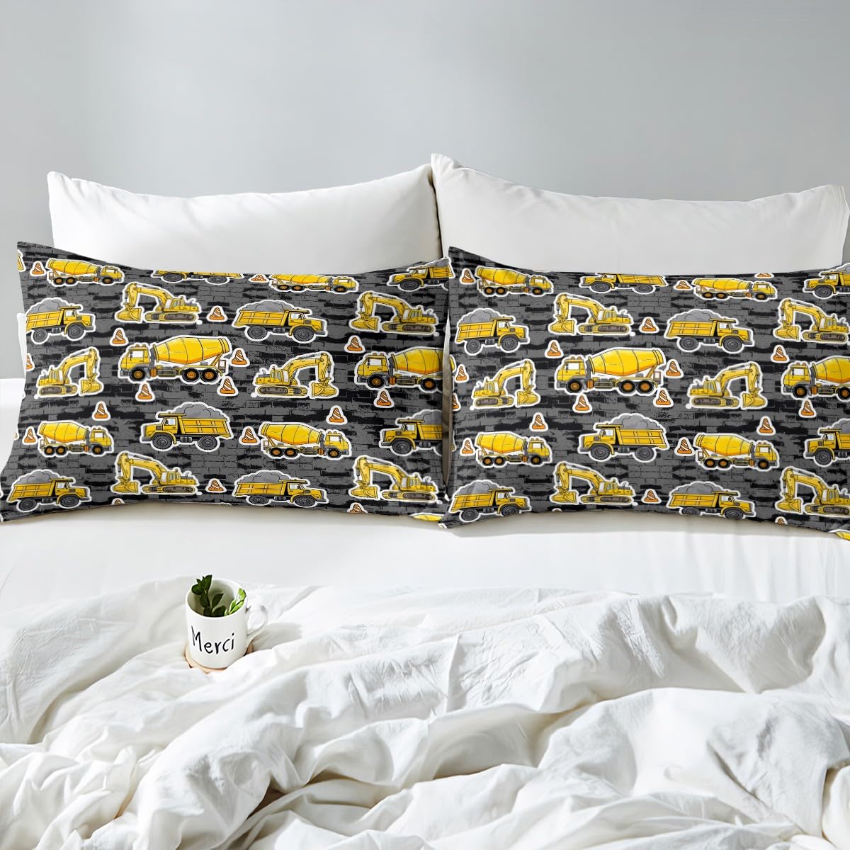 Erosebridal Excavator Comforter Cover Set Full Concrete Truck Pattern Duvet Cover Child Teens Construction Bedding Set for Kids Boys Cartoon Toy Cars Quilt Cover Bedroom Decor 3Pcs Bedclothes