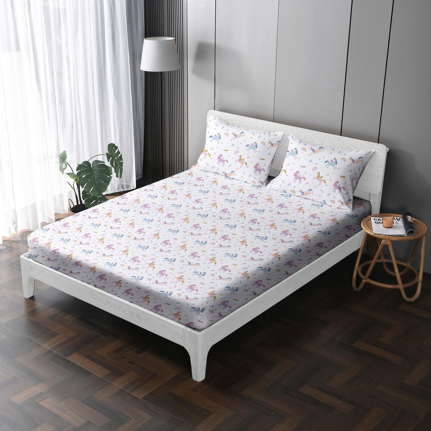 MUSOLEI Unicorn Fitted Sheet Set Full Unicorn Bedding Girls Rainbow Star Sheet Pink Flower Bedding Set Unicorns Girl Bed Sheets 1 Fitted Sheet with 2 Pillowcases Multi-Colour Full