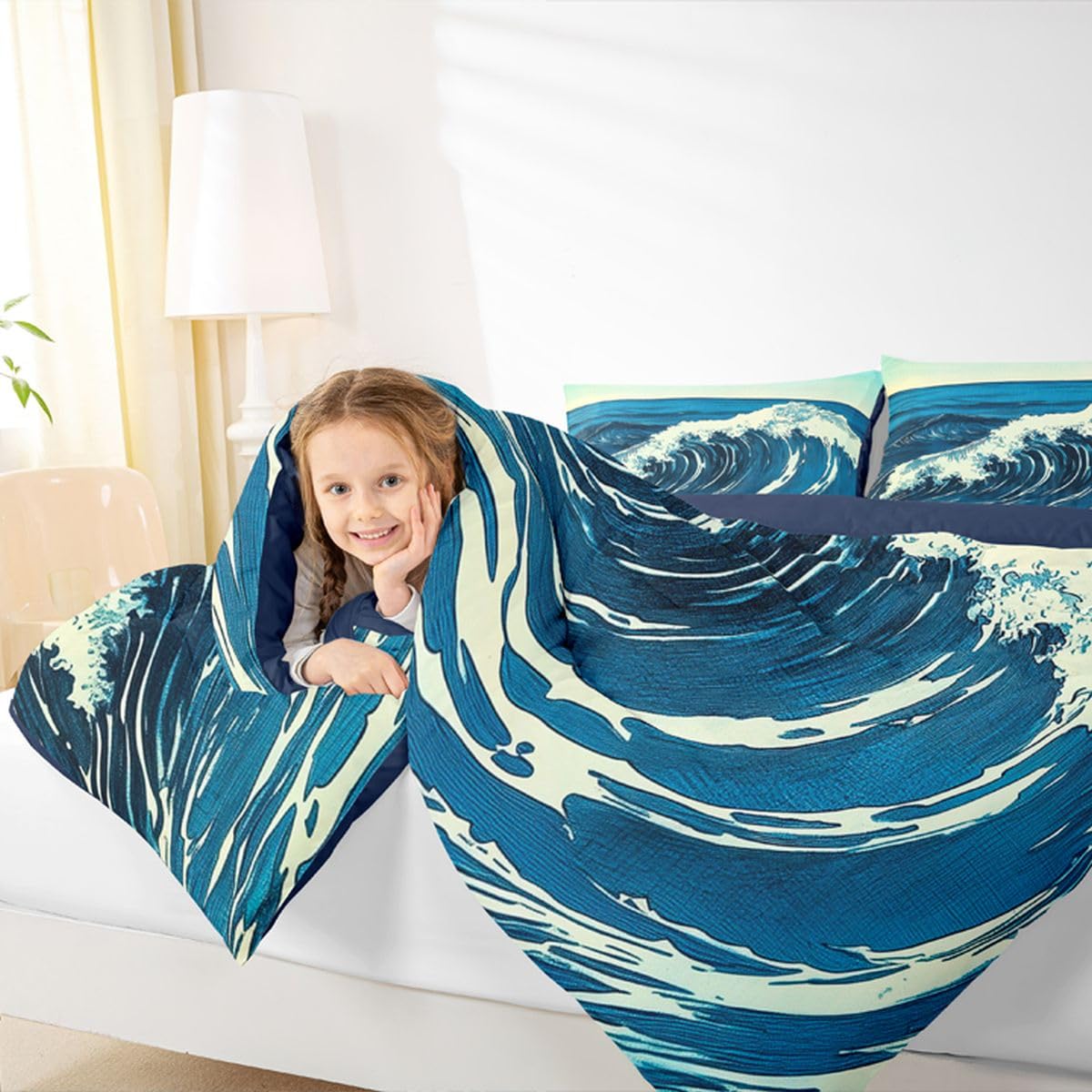 jejeloiu Wave Pattern Kids Comforter Set Queen Size Japanese Style Bedding Set Ocean Wave Duvet Quilt for Kids Boys Girls Bedroom Decor Microfiber Ultra Soft Breathable