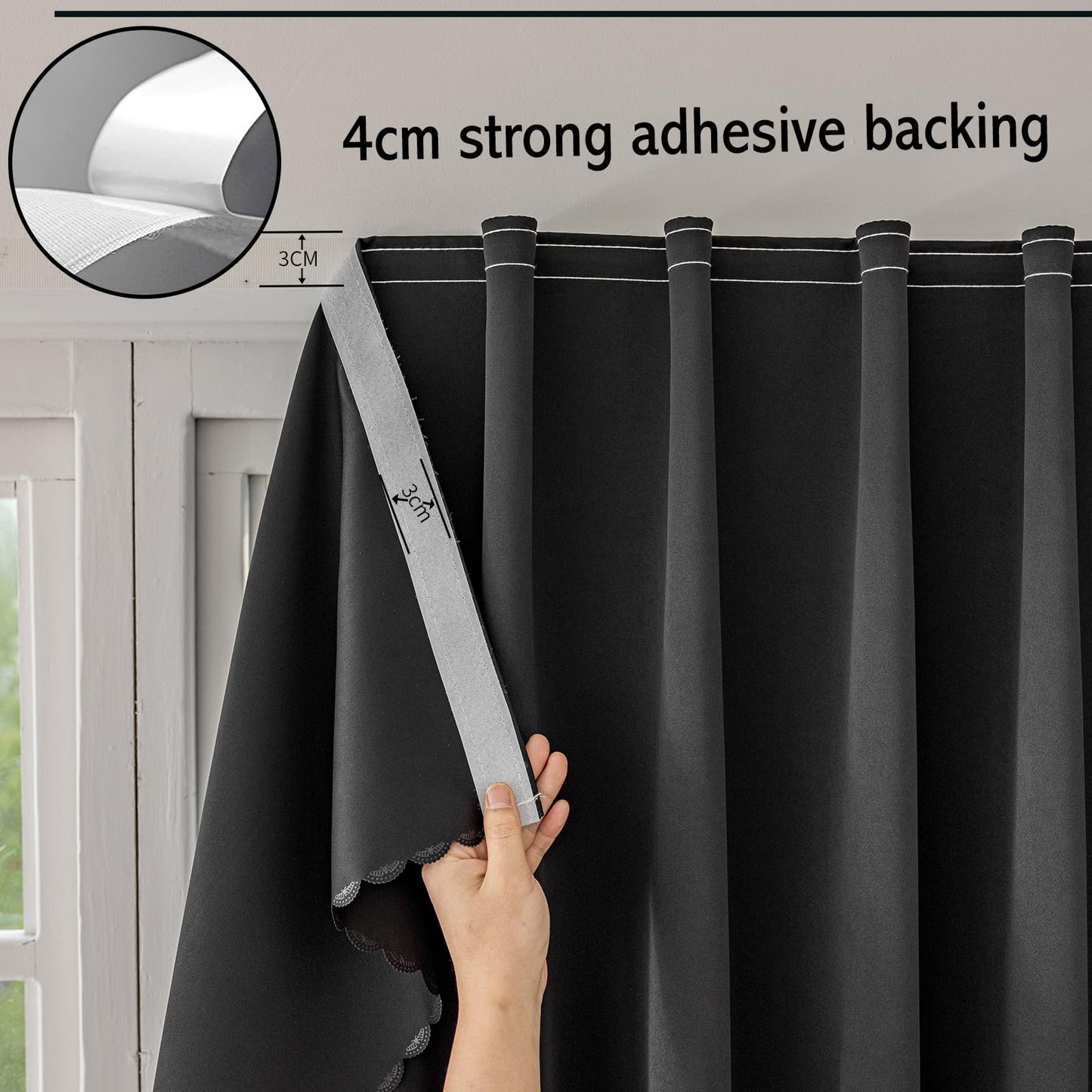 Jilron Magic Tape Stick on Curtains Blackout Curtains for Bedroom no Drillng Self Adhesive Curtain no Rod Small Window (Black, 35" W x 40" L) 2 Panels