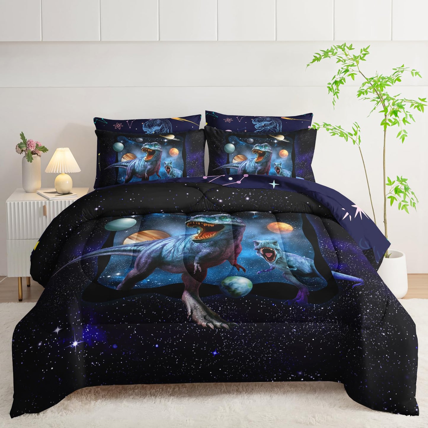 AILONEN Space Galaxy Dinosaur Comforter Set Full Size,7-Piece Soft Bed in a Bag Kids Boys Dino Comforter & Fitted Sheet & Flat Sheet & 2 Pillowcases,2 Pillow Shams for Bedroom