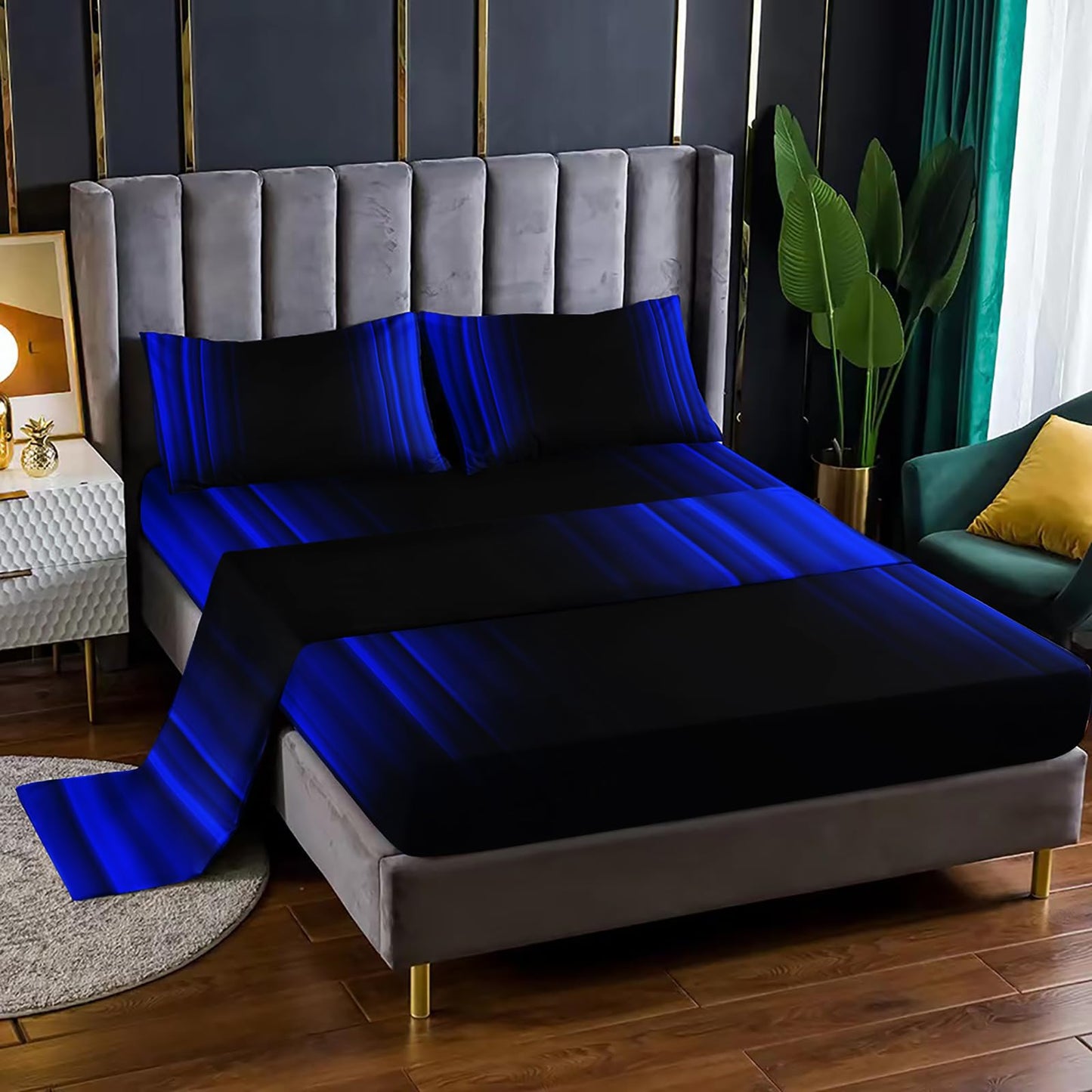 Nttopship Blue and Black 4 Pieces Bed Sheet SetsQUEEN Size Abstract Ombre Bedding Sets with 16" Deep Pockets Abstract Ombre Bedroom Decor,Bedding Set 4 PCS(1 Fitted+1 Flat+2 Pillowcases)