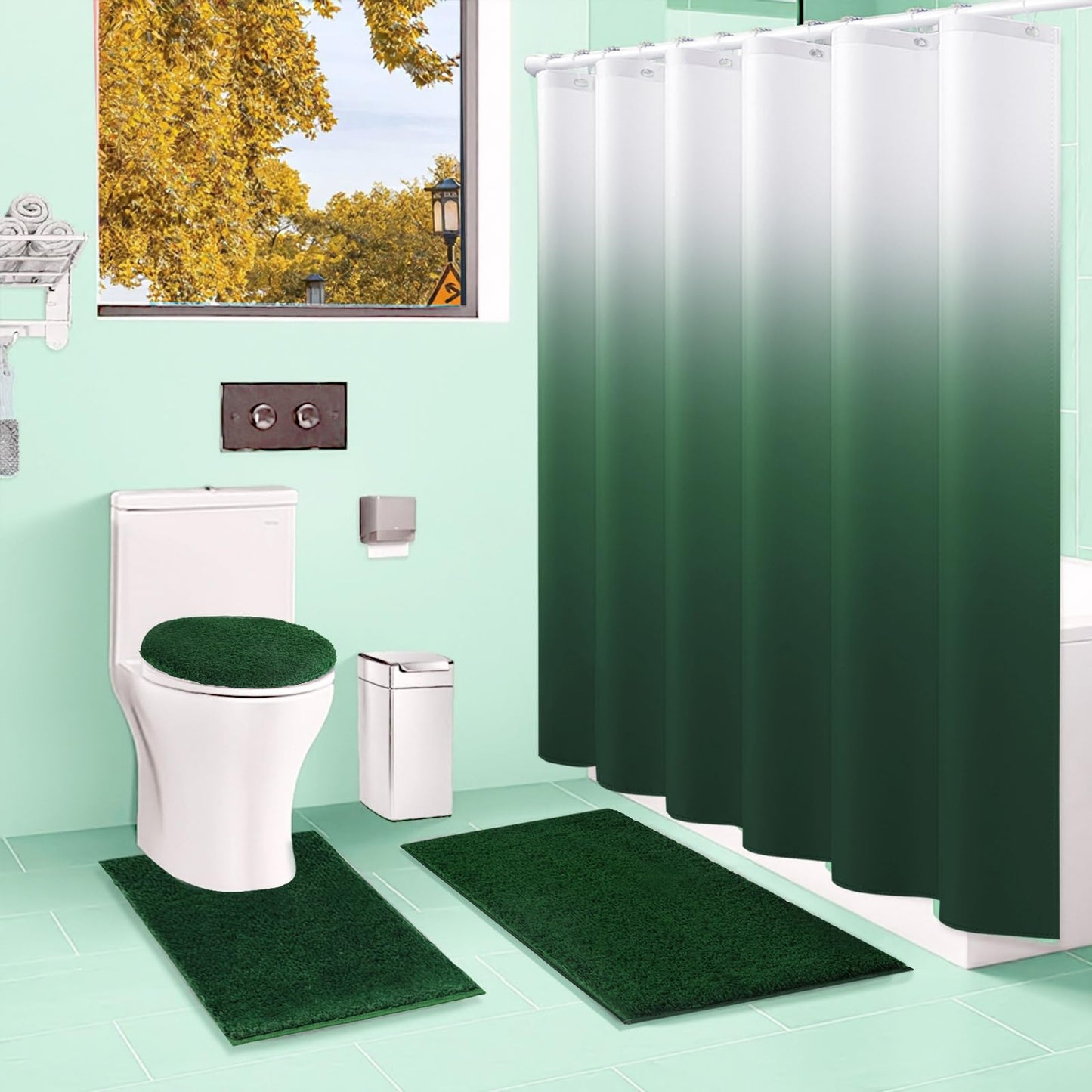 Baahrnom 4 Pcs Gark Green Shower Curtain Sets with Rugs Solid Bathroom Sets with Shower Curtain and Rugs and Adjustable Toilet Lid Cover for Luxury Bathroom Decor