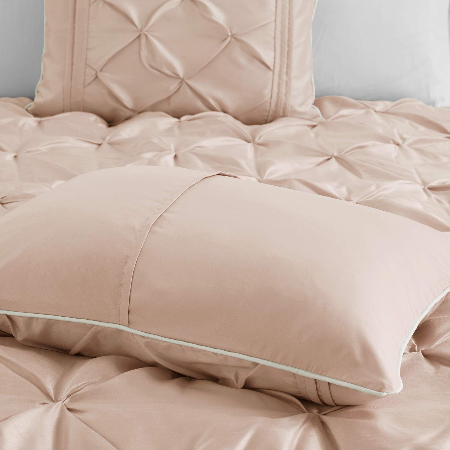 Madison Park Essentials Room in a Bag Faux Silk Comforter Set - Luxe Diamond Tufting All Season Bedding, Matching Curtains, Decorative Pillows, Blush King(104"x92") 24 Piece