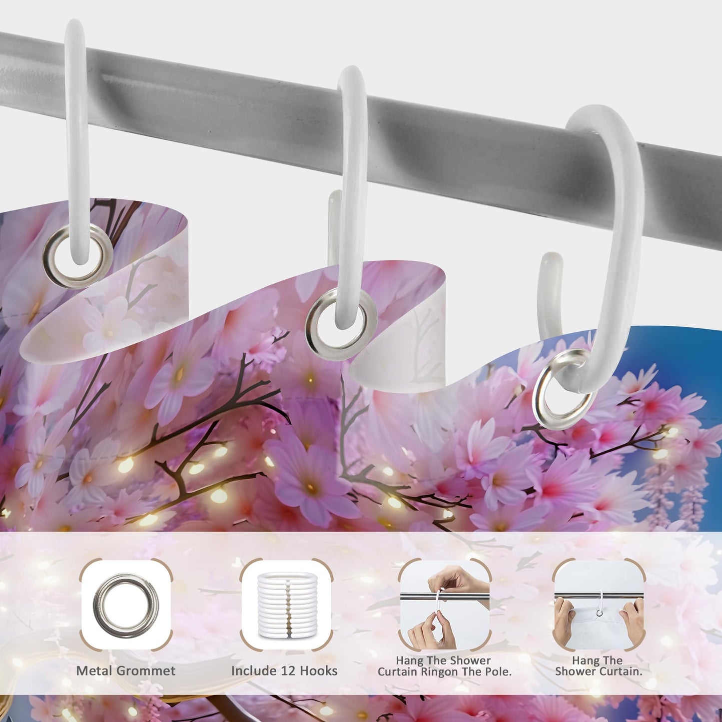 Glawry Japanese Shower Curtain 60Wx72L Inches Pink Floral Cherry Blossom Spring Night Nature Waterfall Lotus Asian Aesthetic Bathroom Accessories Art Home Decor Fabric 12 Hooks