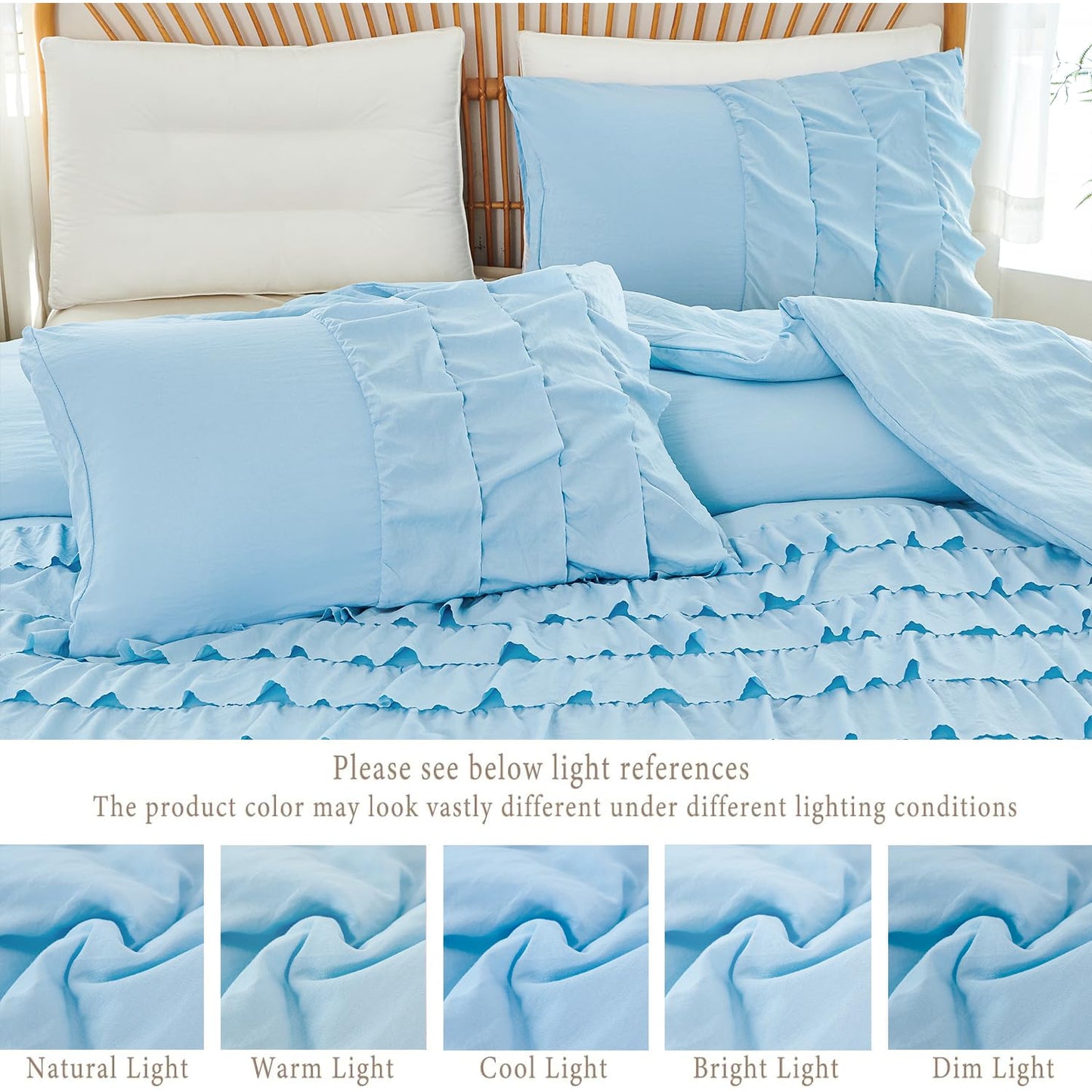 PERFEMET Ruffles Comforter Set 3 Pieces Light Blue Queen Comforter Set Shabby Chic Bedding Sets for Women Teen Girls Fluffy for All Season