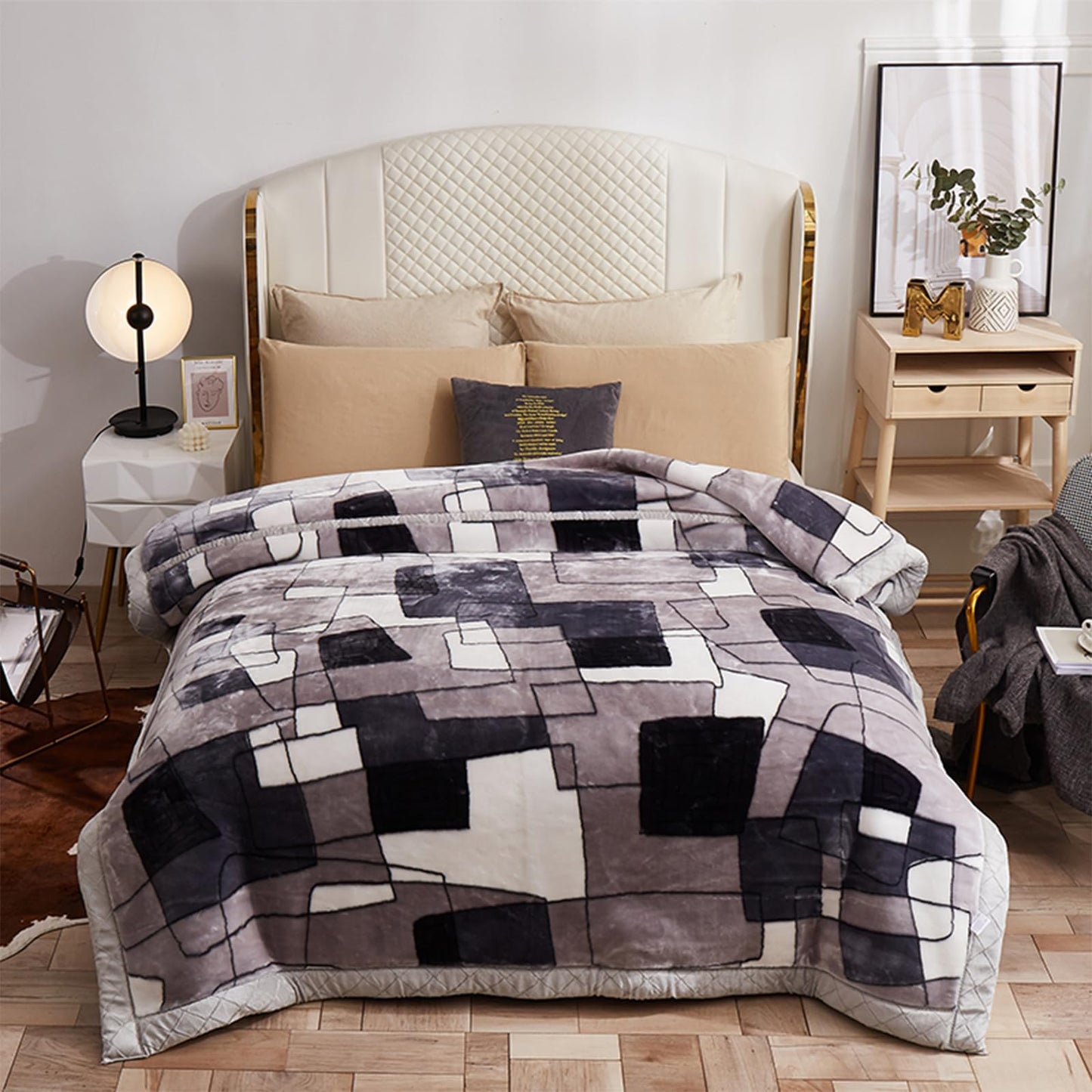 MODUSKYE Heavy Blankets, Korean Heavy Thick Blanket Plush 78x90 inch 2 Ply Bed Blankets with Geometic Pattern 7.7 LBS Queen Soft Cozy Raschel Blanket for Autumn Winter (Grey+White)