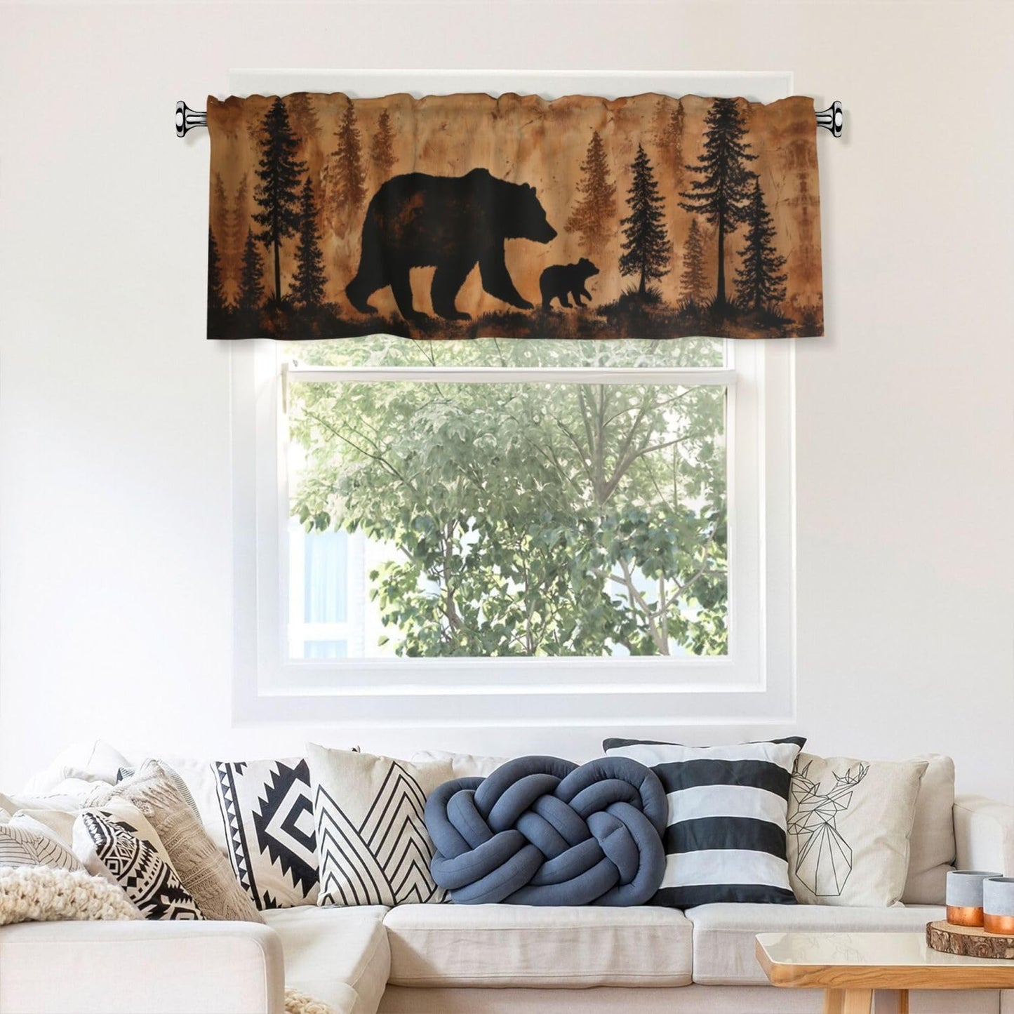 Worltoldb Forest Bear Curtain Valance Short Rod Pocket Window Treatment for Living Room Bedroom Kitchen Bathroom 1 Panel 54" W x 18" L