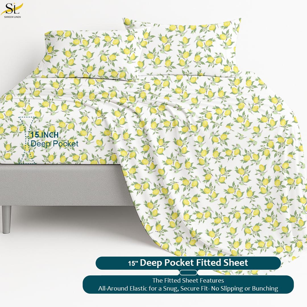 Shreem Linen Queen Sheet Set 4 Piece Bedding, Brushed Microfiber Soft Sheets for Queen Size Bed with Flat, Fitted Sheet, 2 Pillow Cases (LemonPop)