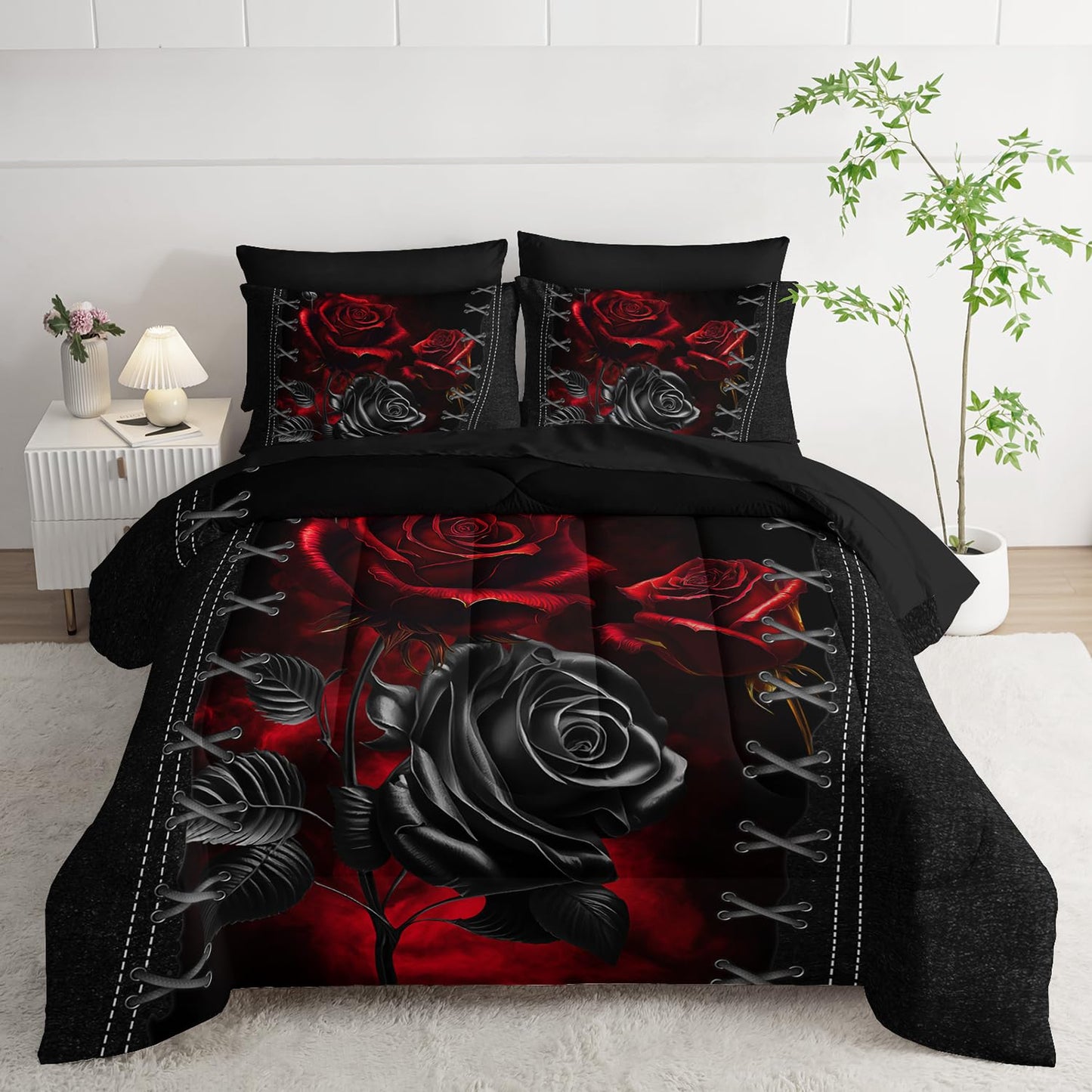 AILONEN Black and Red Rose Comforter Set Full,7-Piece Flower Bed in a Ba,Soft Comforter & Fitted Sheet with Flat Sheet & 2 Pillowcases,2 Pillow Shams for Bedroom