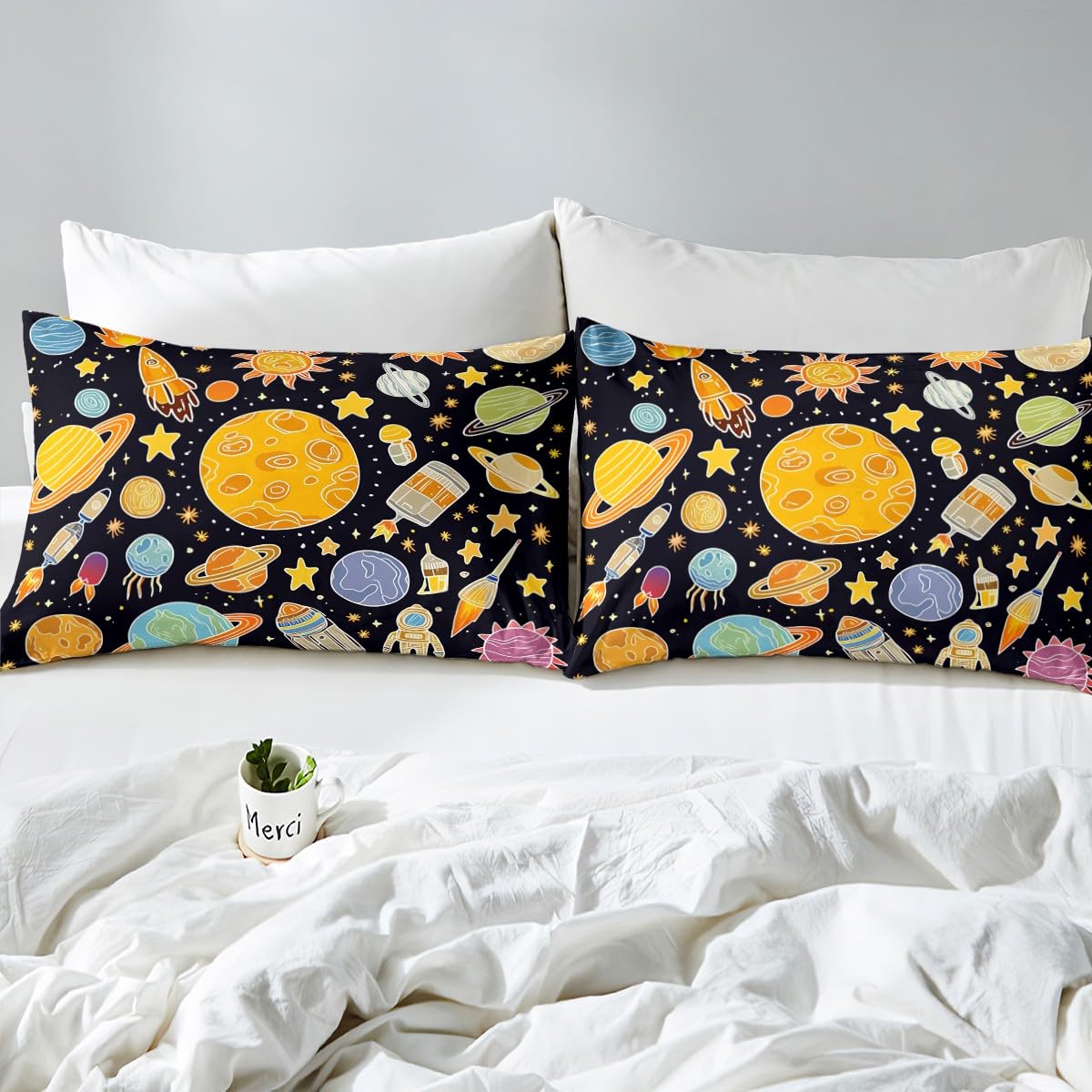 Outer Space Bed Sheet Set Twin, Solar System Fitted Sheet for Kids Planet Solar System Bedding Set Boys Girls Educational Bed Cover Bed Set 2Pcs (No Flat Sheet)