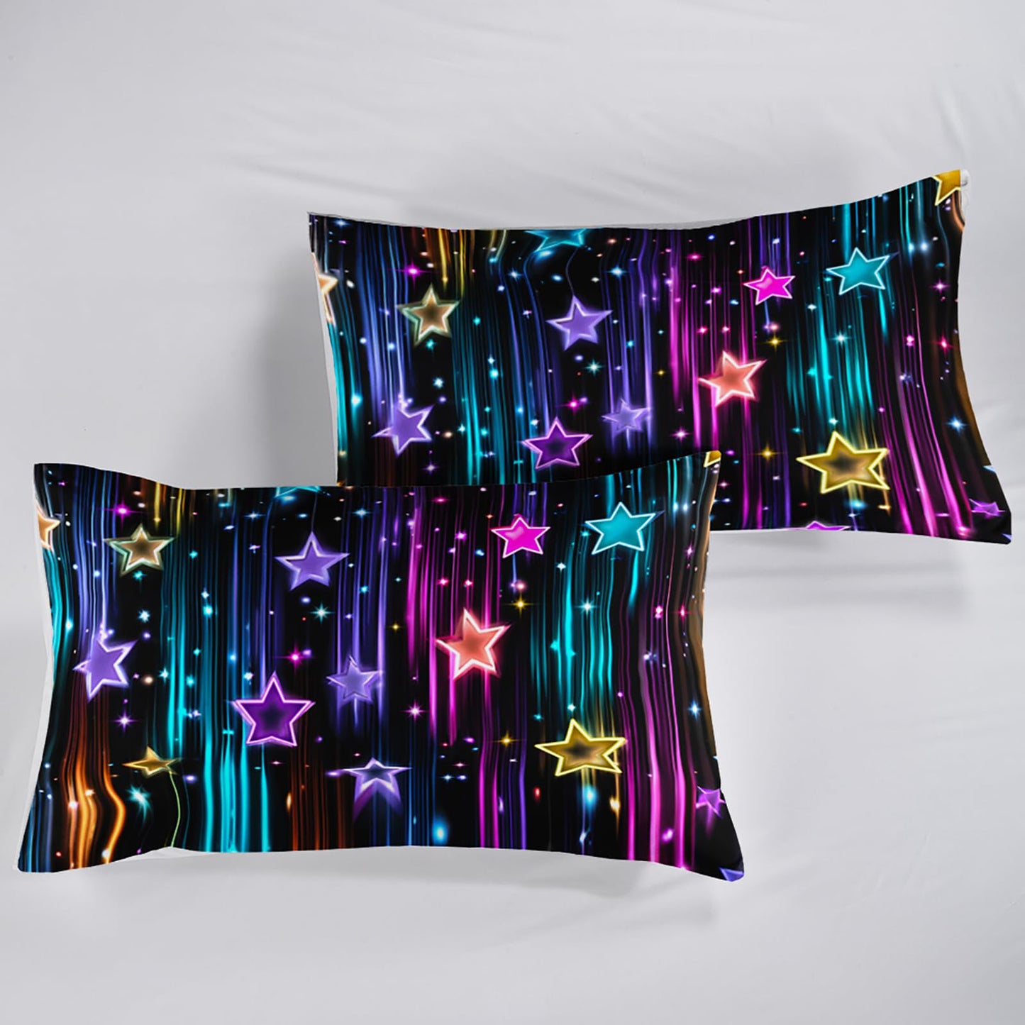 QOOMO 3Pcs Galaxy Comforter Set Twin,Glitter Star Bedding Set for Teens Boys Girls,Neon Stripes Printed Comforter with 2 Pillowcases,Down Alternative,Soft and Lightweight