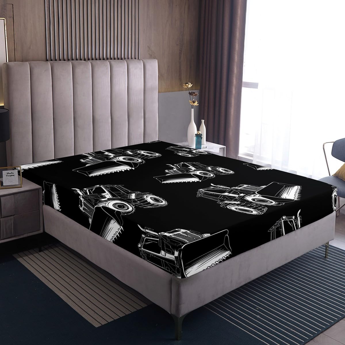 Erosebridal Boys Cartoon Car Fitted Sheet Twin Size, Excavator Bedding Set-Deep Pocket for Kids Girls Children Bedroom, Construction Vehicle Bed Sheet Dump Truck Bed Sets with 1 Pillow Case, Black