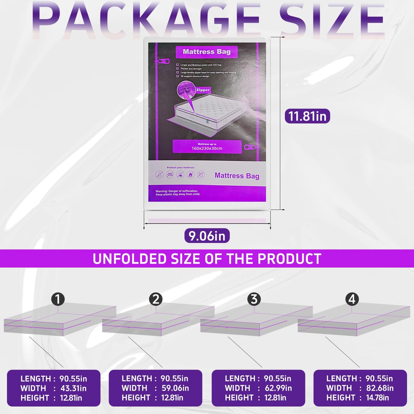 Gooo&Ma 6Mil Heavy Duty Mattress Bag for Moving & Storage - Waterproof Zippered Mattress Cover, Tear-Proof Dust-Proof Reusable Plastic Encasement, Fits Up to 14 Inch Mattress(Full、Purple)