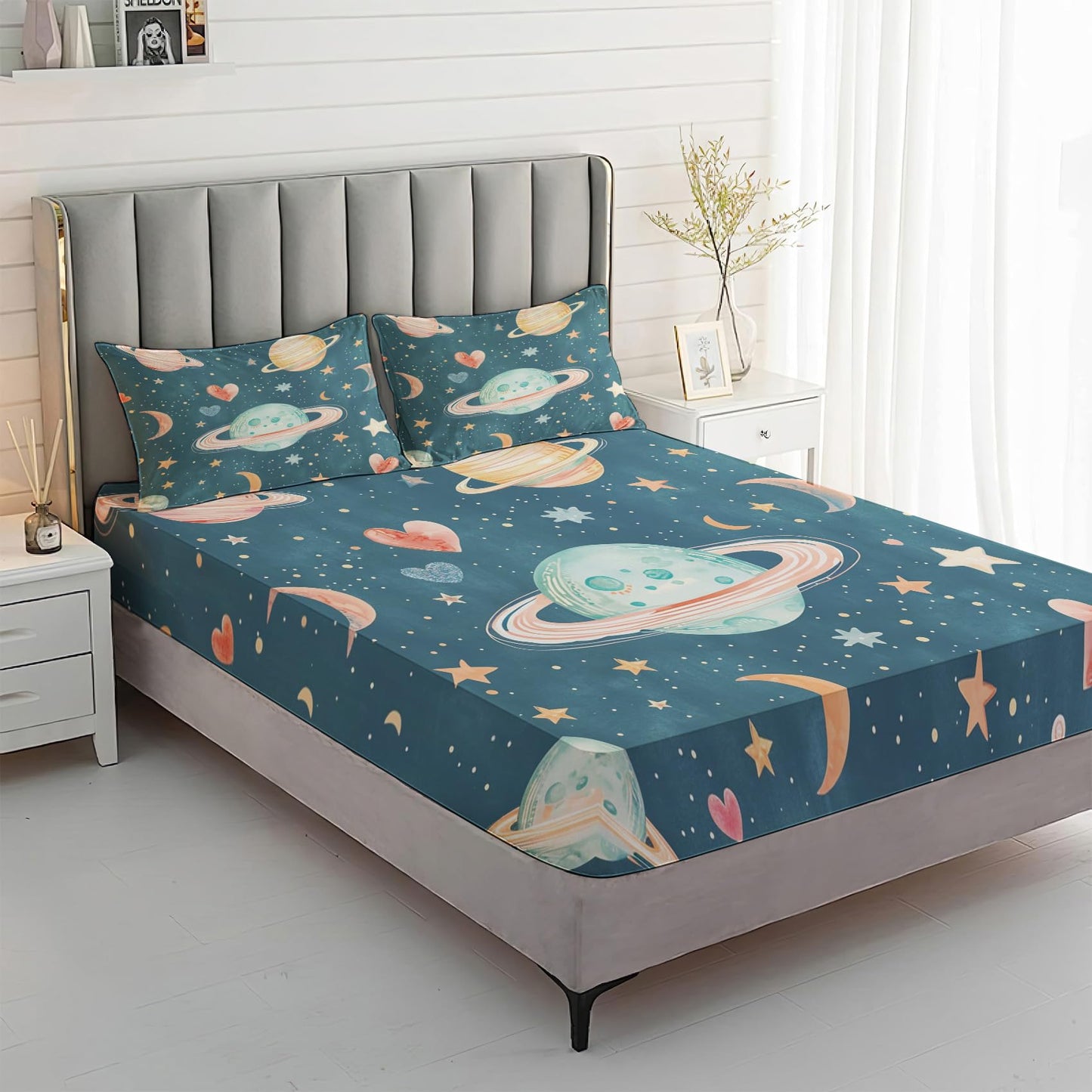 Rejkxyw King Size Sheets Set Cartoon Planet - Star Moon Outer Space Bed Sheets - Boys Girls Sheet Set - 12 Inch Deep Pocket - Ultra Soft Winkle Free Microfiber Bedding Sheets & Pillowcases 4 Piece