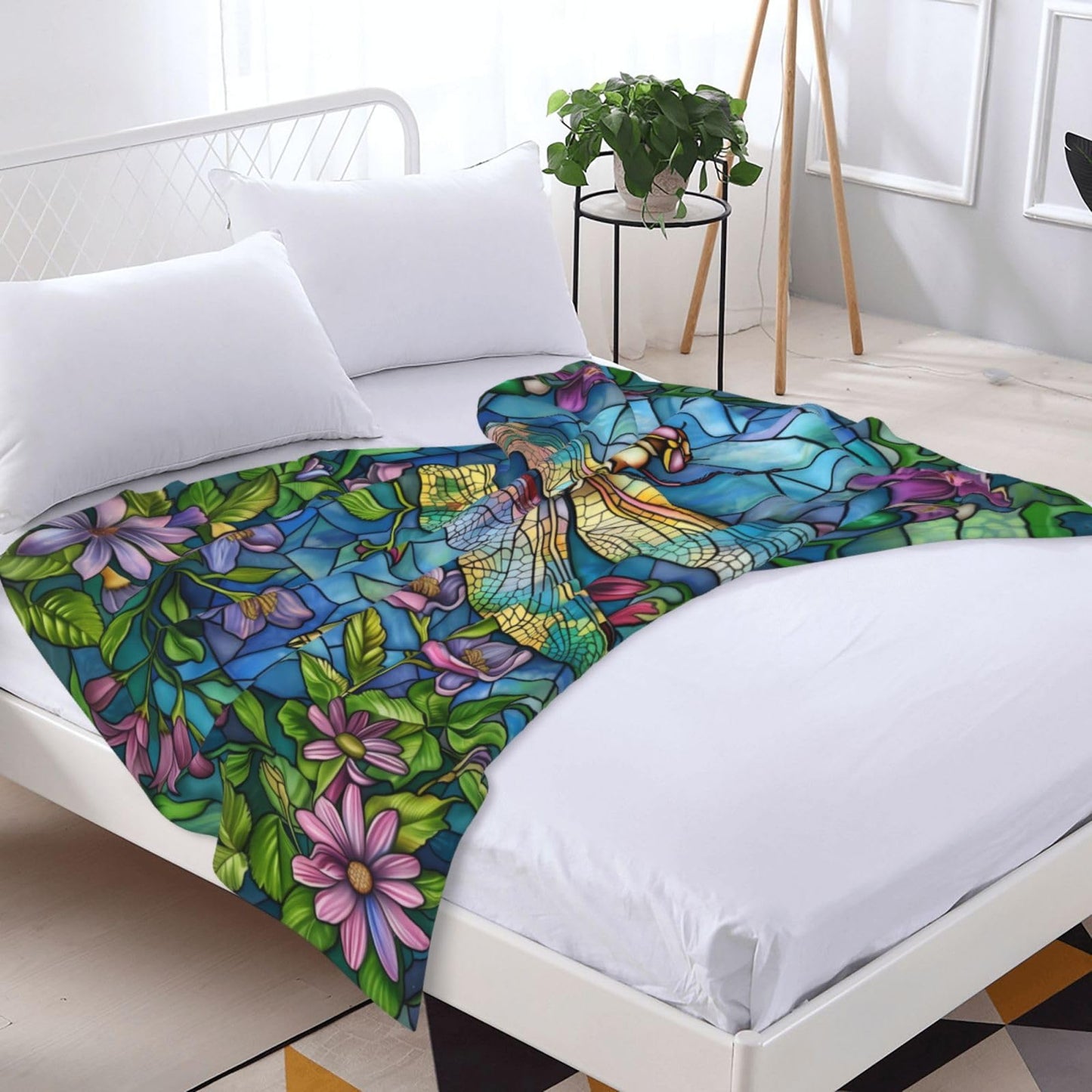 Generic Stained Glass Dragonfly Throw Blanket, Floral Dragonfly Themed, Soft Cozy Lightweight Plush, 50x60in