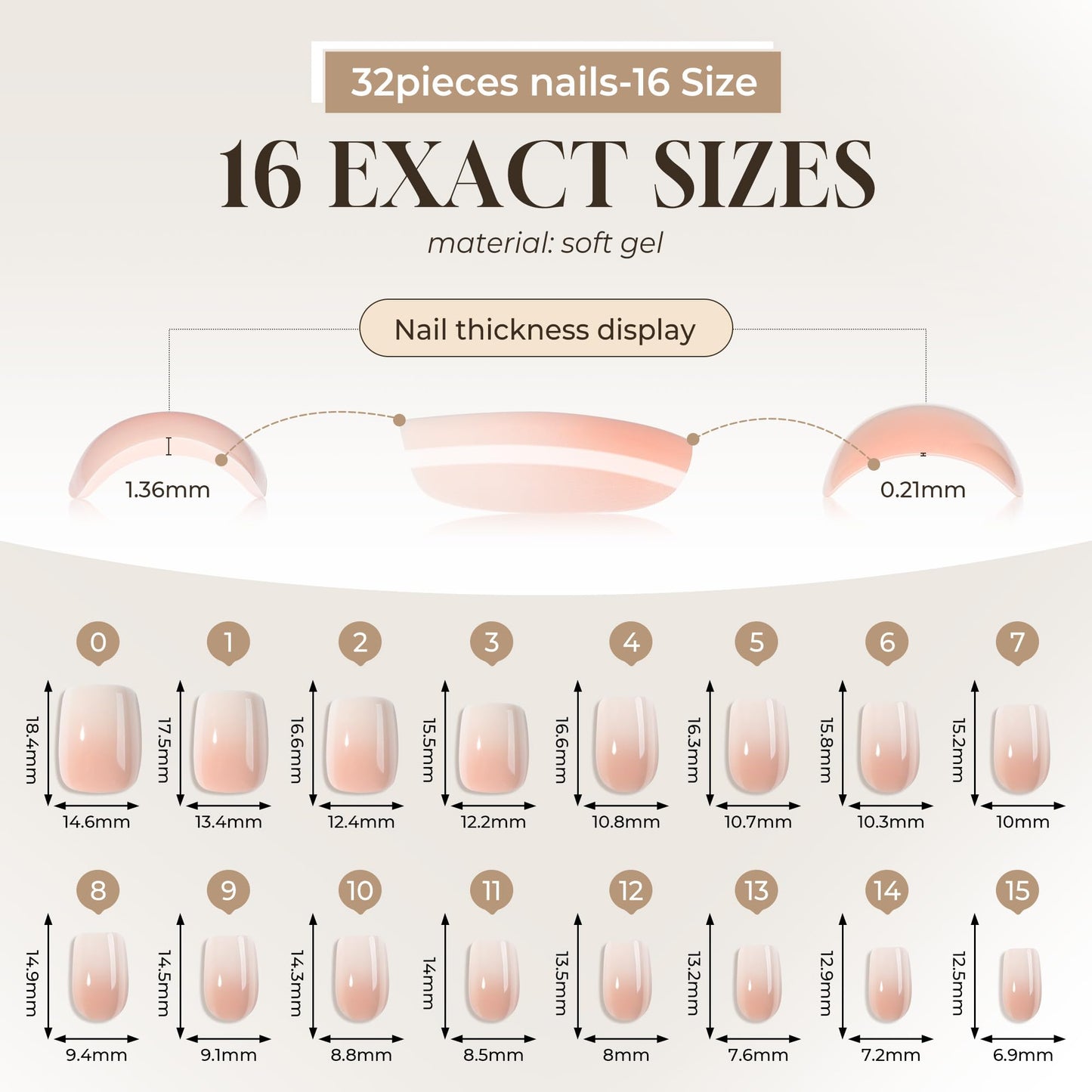 UNA GELLA Press On Nails Short Square : Ombre Soft Gel Press Ons Kit with Nail Glue Adhesive Tabs Nail File, 16 Sizes - 32Pcs Reusable Fake Nails, Nude Cream, Women Gift