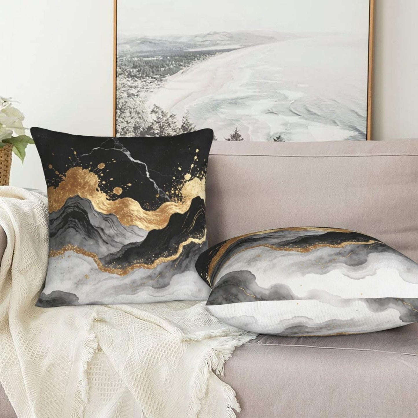 Lcokin Black and Gold Abstract Marble Throw Pillow Covers 18x18 in Set of 2, Decorative Gold Grey Pillow Case Square Cushion Covers for Sofa Bed Couch Living Room