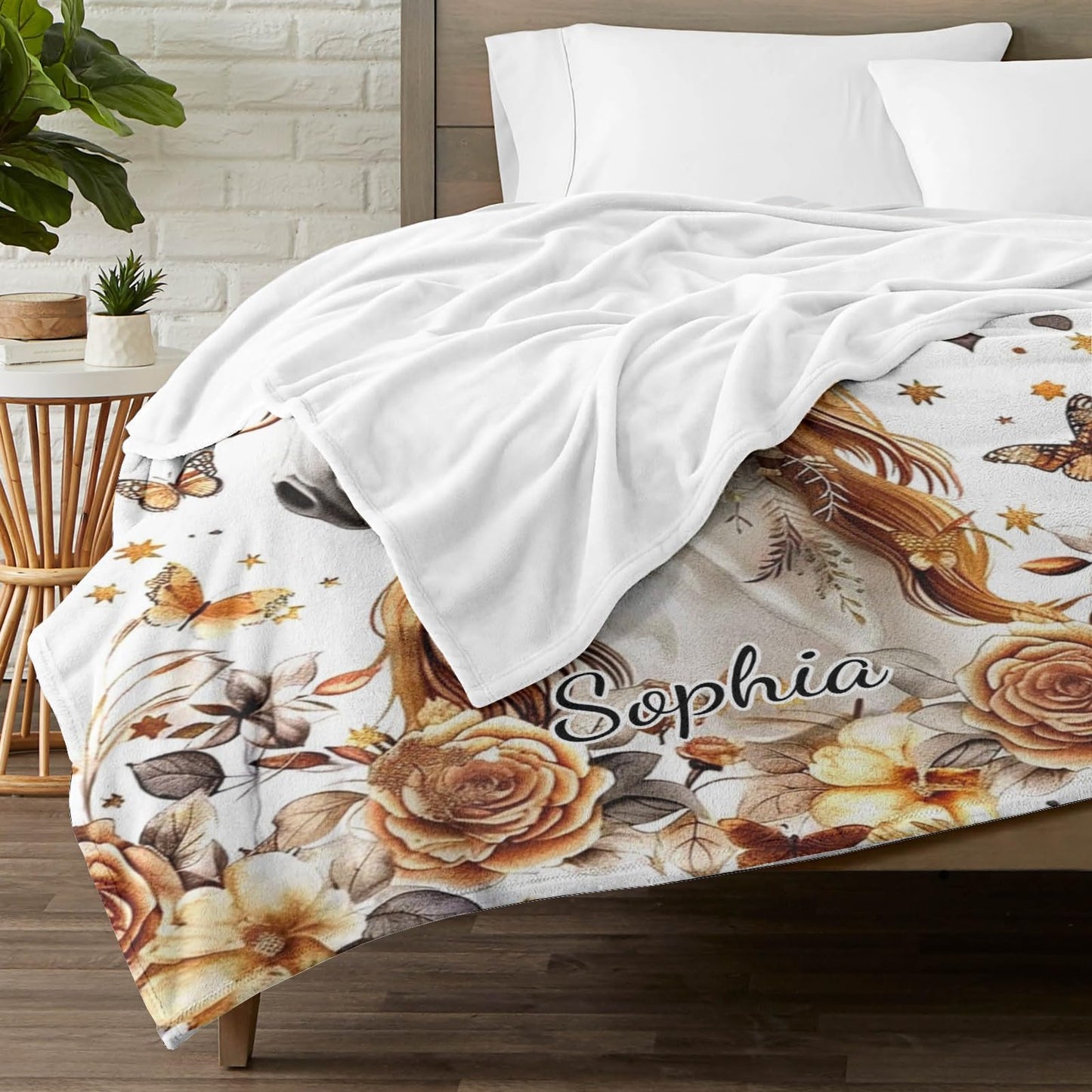 Customized Horse Blanket with Flowers, Add Your Name Text Blankets Soft Warm Small Throw for Women Men Couch Sofa Bed