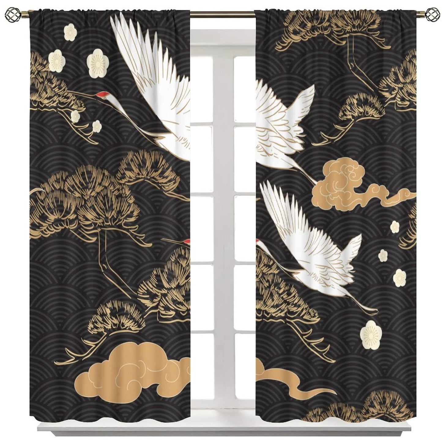 Fairy Crane Curtains Black Gold Plant Traditional Chinese Style Japanese Style Theme Art Bedroom Living Room Decor Rod Pocket Blackout Window Drapes 2 Panels Set 42x45in
