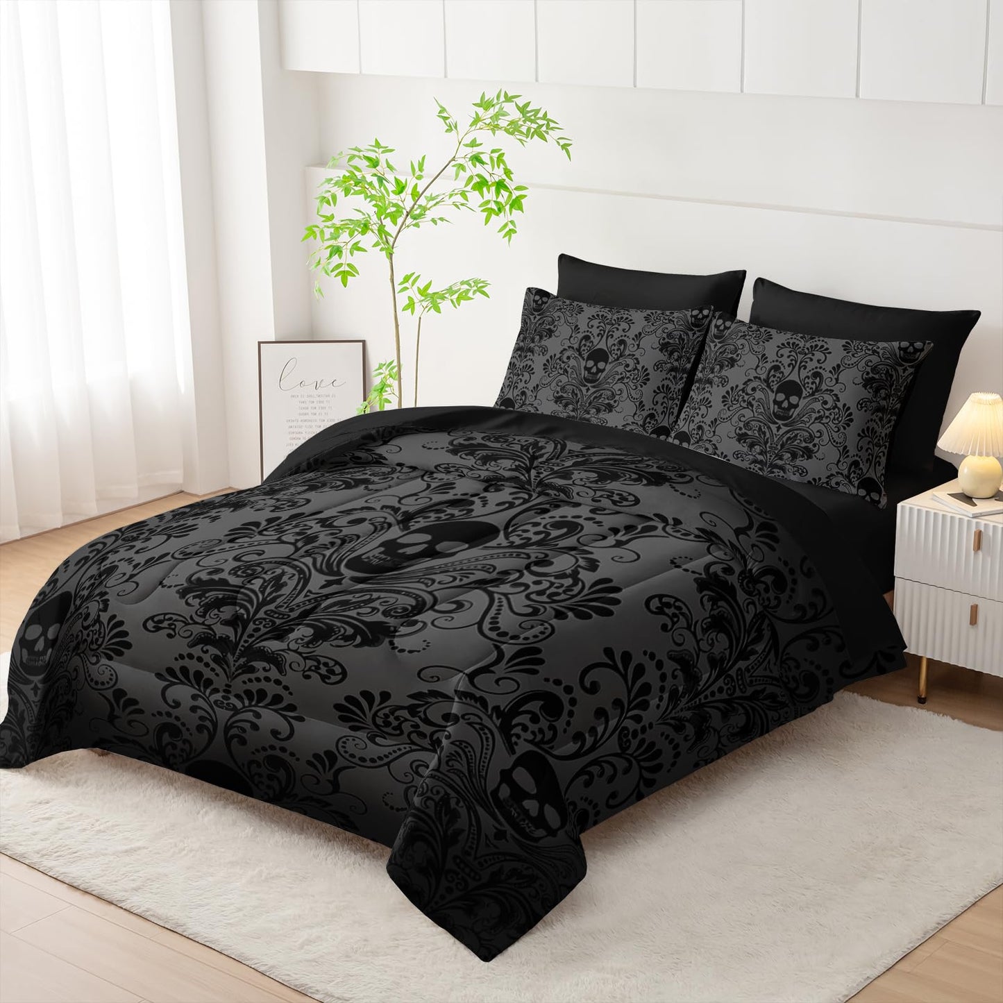 Tuzaovy Black Skull Comforter Set 7 Piece Twin Size Bed in A Bag,Goth Bedding for Room Decor,Soft Western Comforter Boho Hippie Bedding with Fitted Sheet,Flat Sheet, Pillowcases & Shams