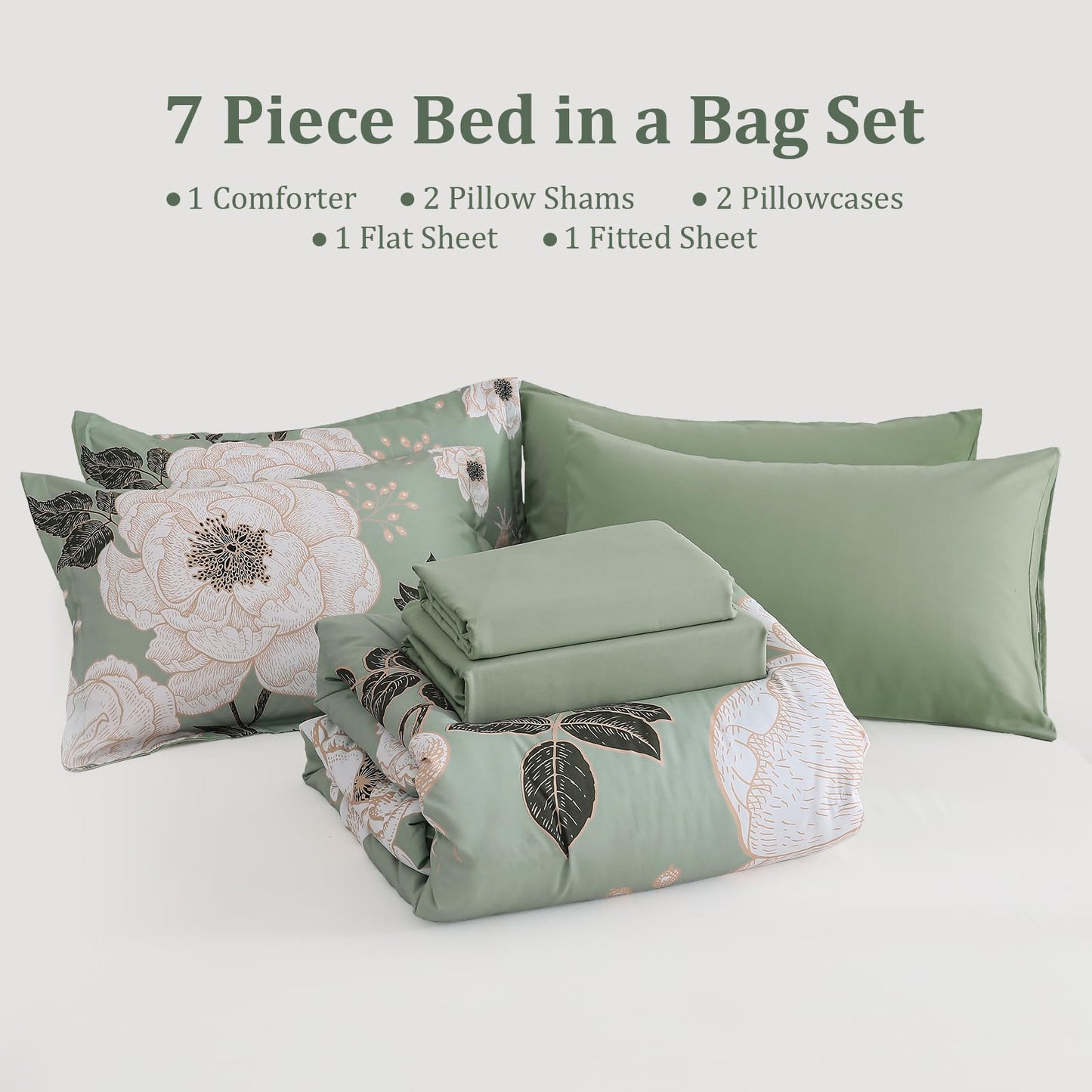 Luxudecor Floral Queen Comforter Set 7 Pieces Bed in a Bag, White Flower Print on Green Bedding Set, Soft Reversible Comforter with Sheet Set 90"x90"