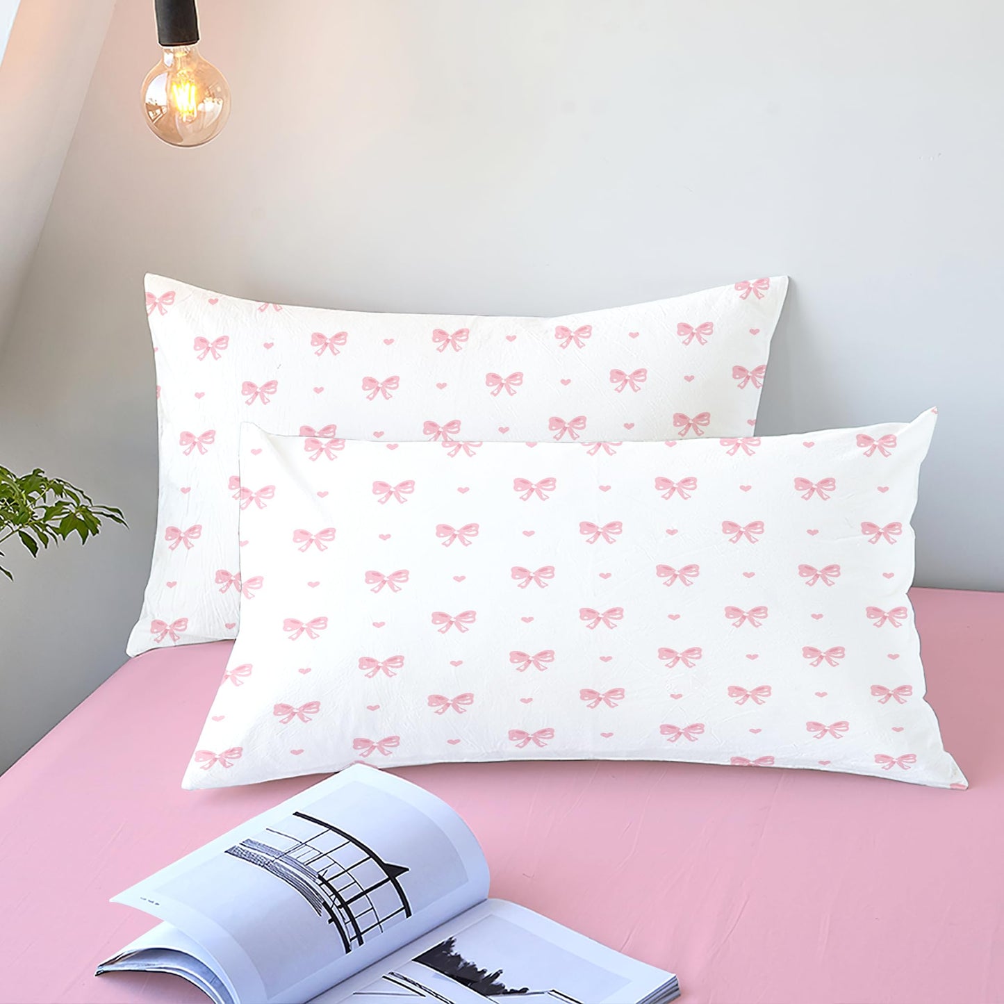 Sedefen Bow Duvet Cover Queen Size Pink Striped Heart Bedding Set Cute Love Heart Printed On White Comforter Cover with Zipper Closure Soft Breathable Microfiber for Kids Girls