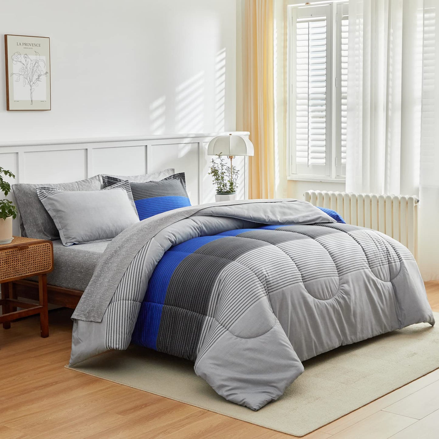 Flysheep Ombre Striped Bed in a Bag 7 Pieces Queen Size, Blue and Grey Stripes Comforter Sheet Set (1 Comforter, 1 Flat Sheet, 1 Fitted Sheet, 2 Pillow Shams, 2 Pillowcases)