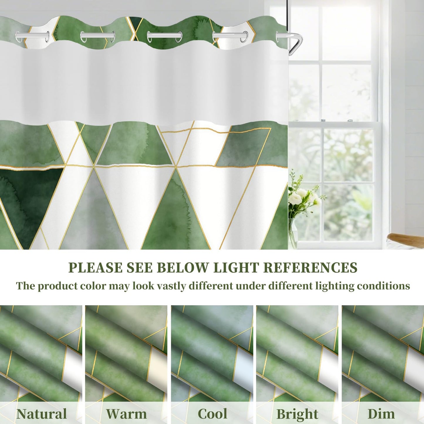 NAEMBCU Green Geometric No Hook Shower Curtain with Snap in Liner Set 71x74