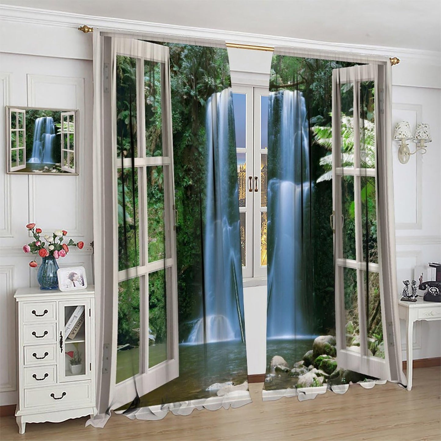 Nsbul Landscape Curtains, Waterfall Scene Lush Greenery Nature Decor Window Drapes for Bedroom Living Room, 42" W X 45" L (No Blackout)