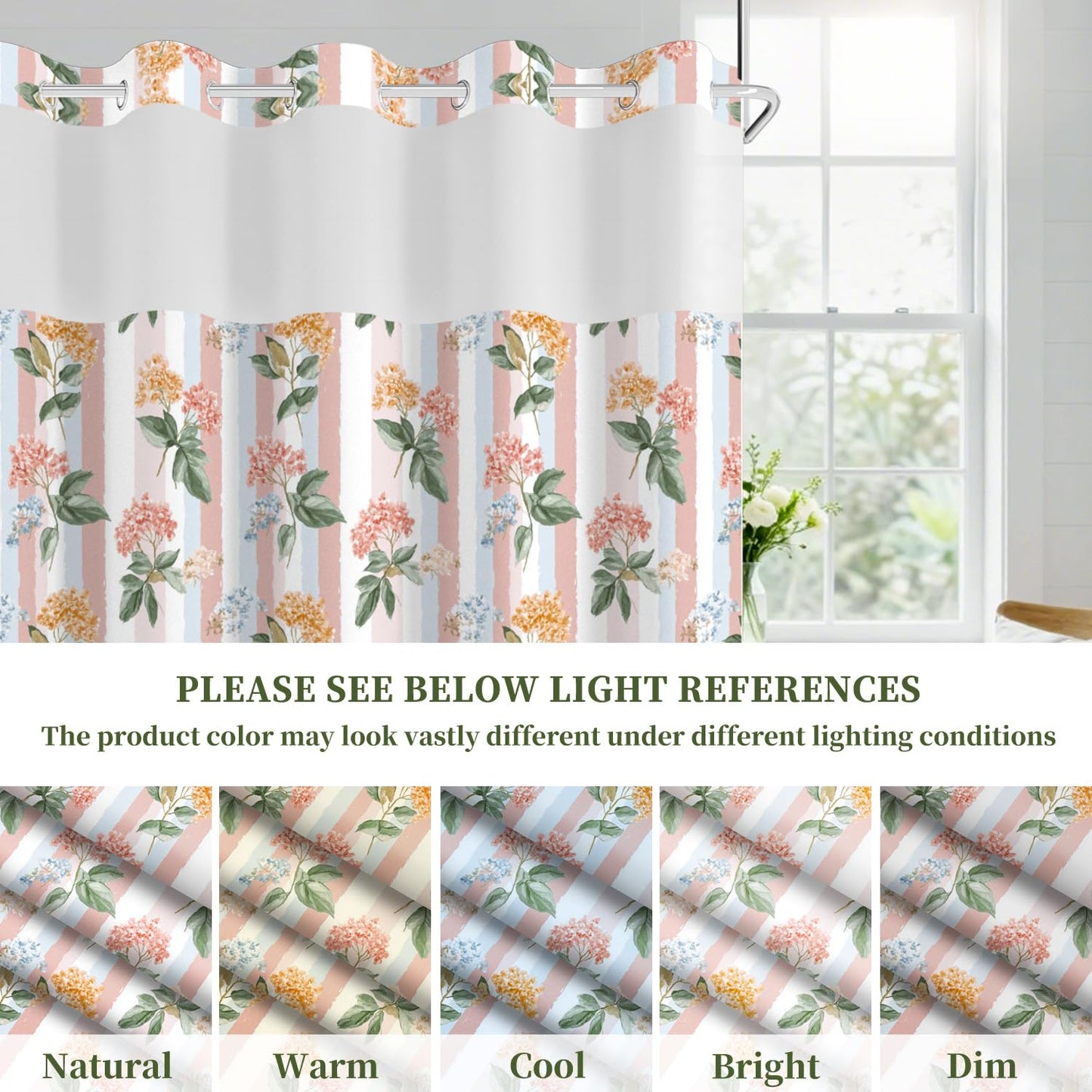 NAEMBCU Boho Floral No Hook Shower Curtain with Snap in Liner Set 71x74 in