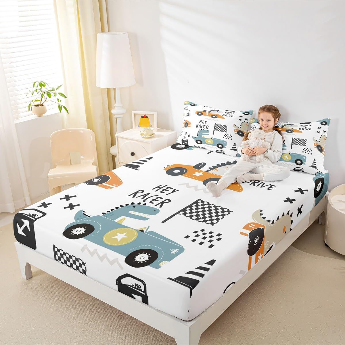 Cartton Car Kids Sheet Set Racing Sports Game Bed Sheets Set Decor Cute Dinosaur Racer Sheets with Deep Pocket Fitted Sheet Gift for Racing Lover White Blue Bedding Set Bedroom Quilt Cover 4Pcs Full