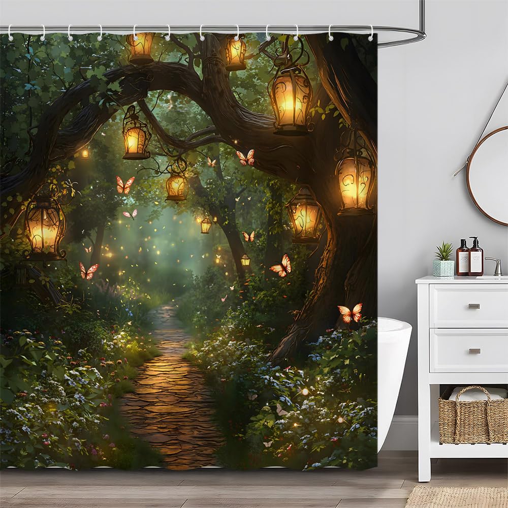 Fantasy Forest Shower Curtain Fairytale Jungle Magical Enchanted Misty Wonderland Floral Tree Butterfly Lantern Nature Landscape Bath Curtain Fabric Bathroom Accessories Decor with Hooks 70"X70"
