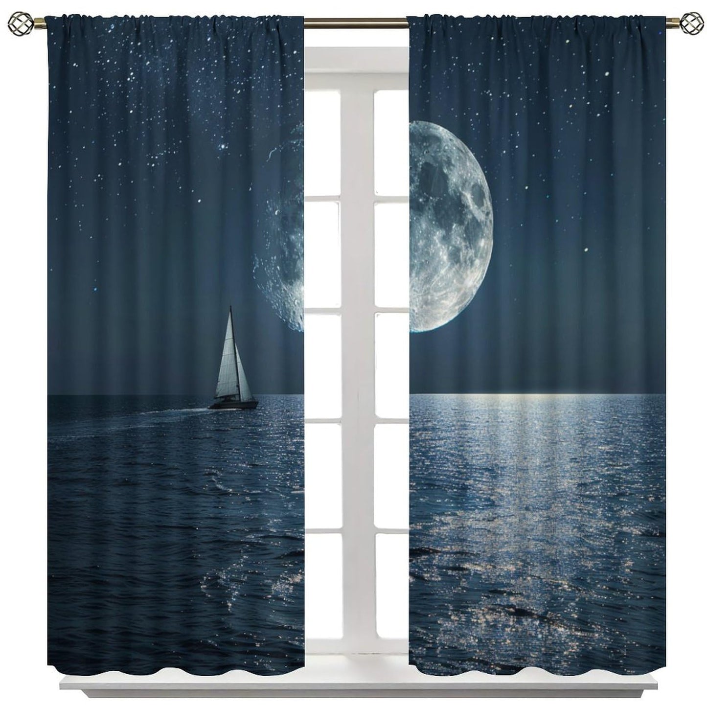TOWINSFB Modern Sailboat Star Moon Blackout Curtains for Living Room Bedroom, Seaside Nature Ocean Window Curtains Rod Pocket Thermal Insulated Window Drapes, 2 Panels, Each 21" W x 63" L