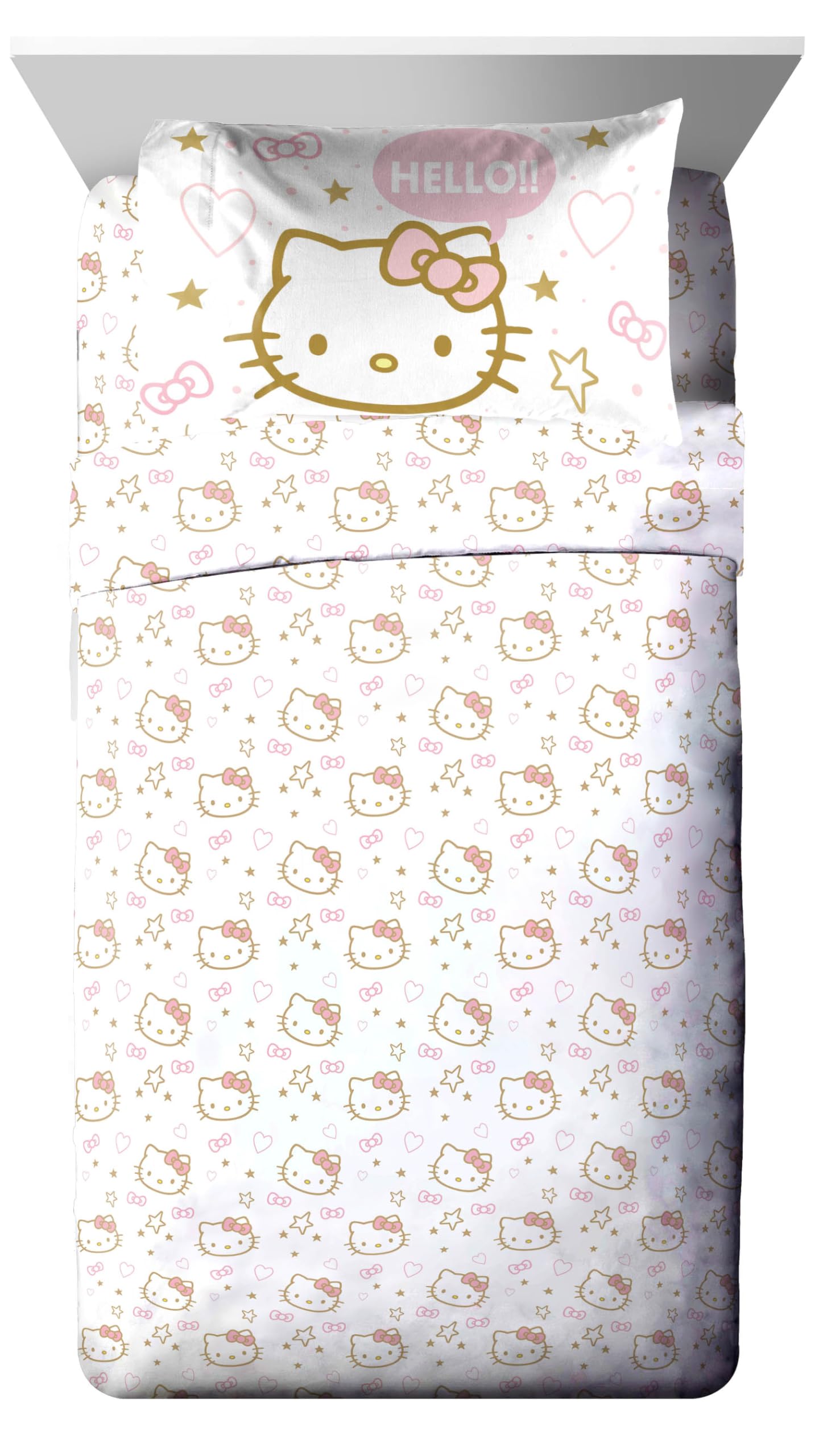 Jay Franco Hello Kitty Twin Comforter Set, 5 Piece Bed in a Bag - Kawaii Pink Bedding Set with Comforter, Sheets and Sham, Soft Brushed Microfiber, Machine Washable, Cute Bedroom Decor