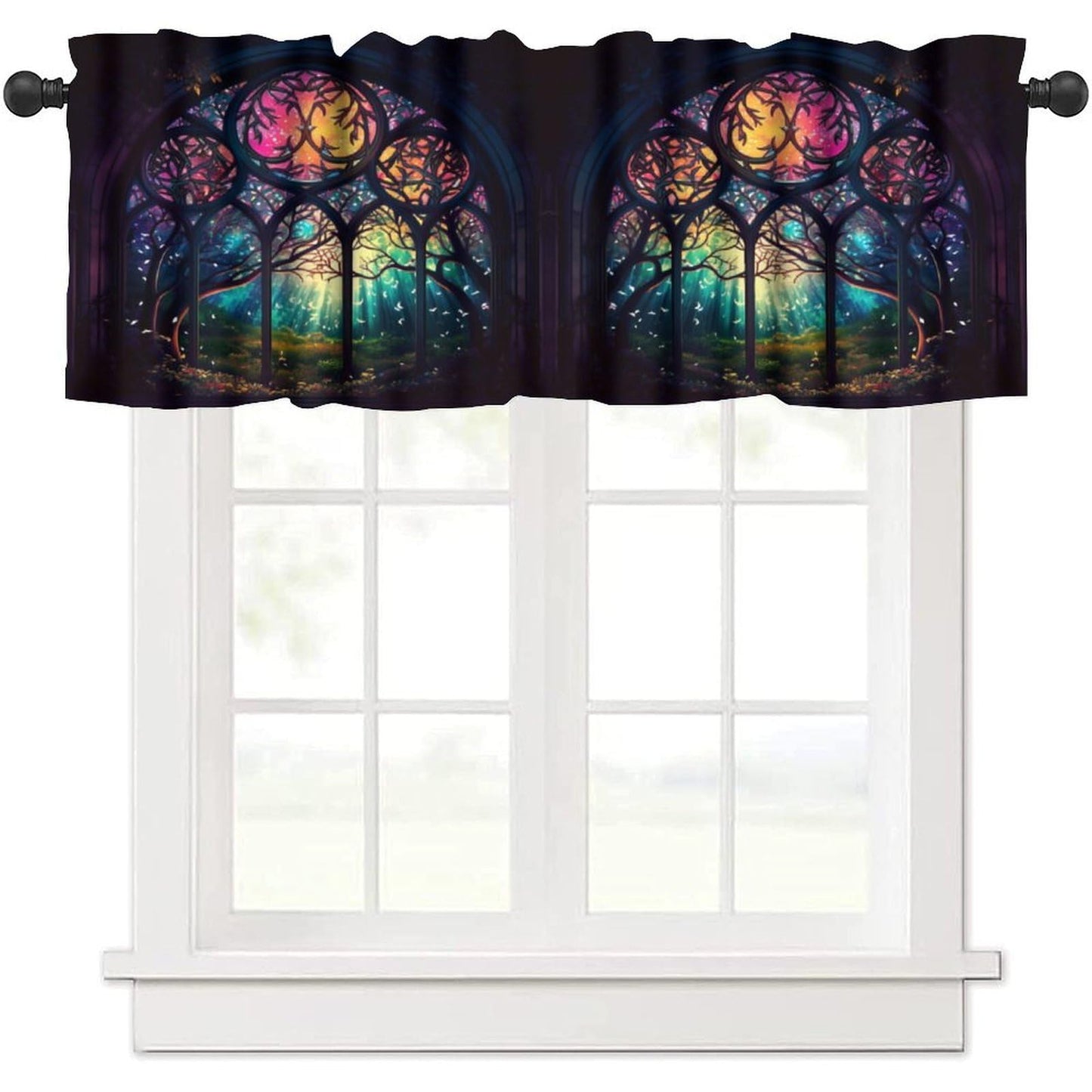 Fantasy Castle Blackout Window Valance Curtain, Arched Door Through Fairy Tale Forest, Colourful Stained Windows Circle Scenery for Home Kitchen Restaurant Decoration Window Valance 1 Panel 54x18inch