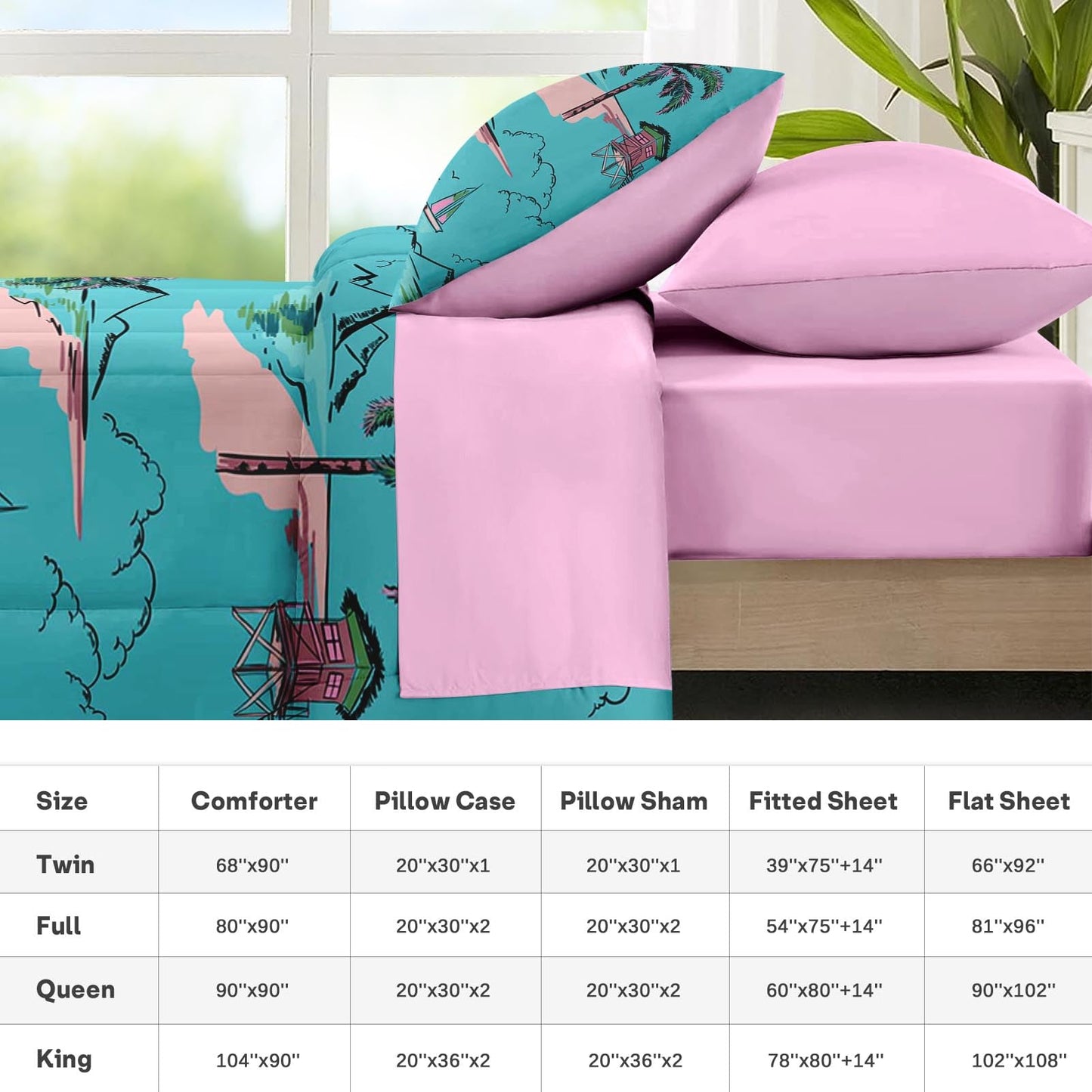Nesker 7 Pcs Comforter Set Queen Size, Hawaiian Sweet Palm Leaf Bedding Set for Kids and Adults, Beach Ocean Blue-Green Sheets Bed Sheet Sets with Fitted Sheet 2 Pillowcases & 2 Shams