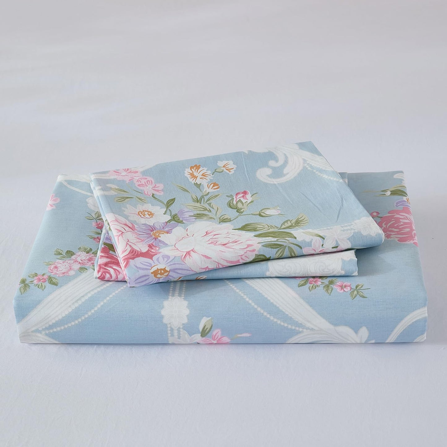 Cozaline Floral Duvet Cover Set King Size 100% Nature Cotton Blue Comforter Cover with Pink Floral, 3 Pieces Breathable & Soft Aesthetic Bedding Set with Zipper Closure
