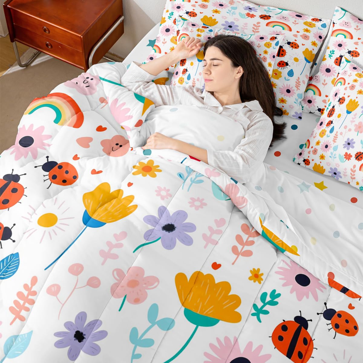 Feelyou Floral Queen Comforter Set with Sheets for Kids Boys Girls Butterfly 7 Pieces Bedding Set Cute Bed in a Bag Rainbow Room Decor Garden Plant Soft Lightweight Microfiber