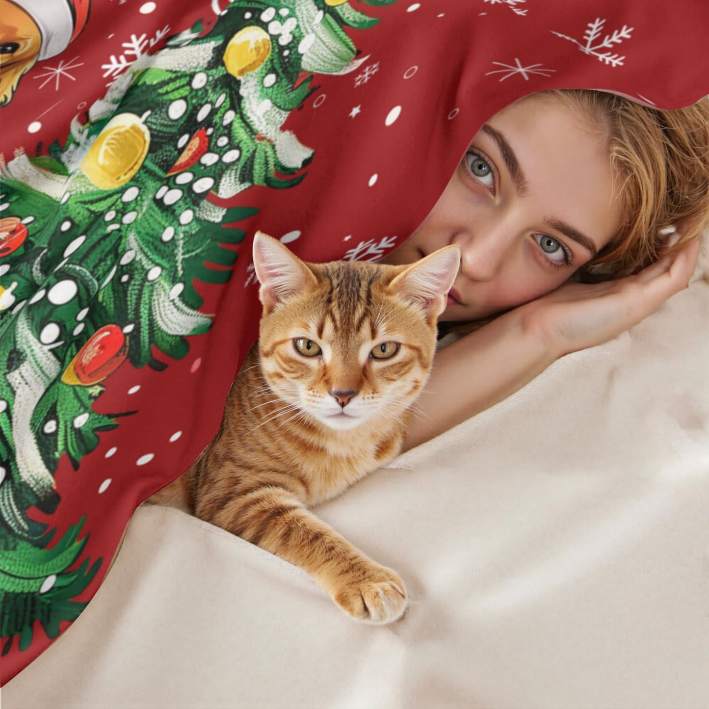 Christma Dog Throw Blanket 50 x 60 Inch Xmas Tree Bells Snow Snowflakes Soft Cozy Flannel Blanket Home Seasonal Decor Winter Gift Blanket for Living Room Sofa