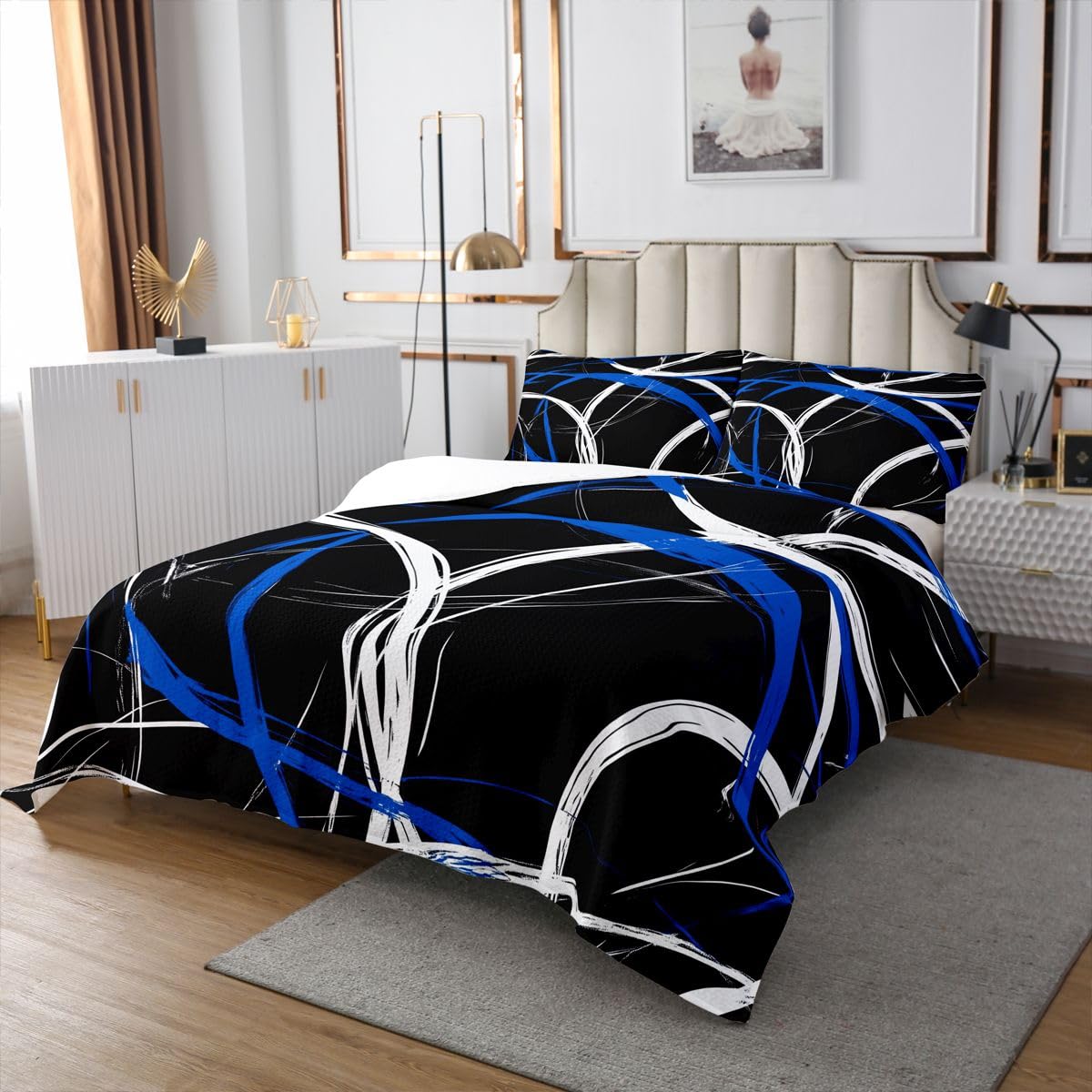 jejeloiu Modern Abstract Bedspread Quilts Blue Stripe Coverlet Set Queen Size for Kids Boys Girls Geometric Aesthetic Quilted Coverlet for All Season with 2 Pillowcases Microfiber