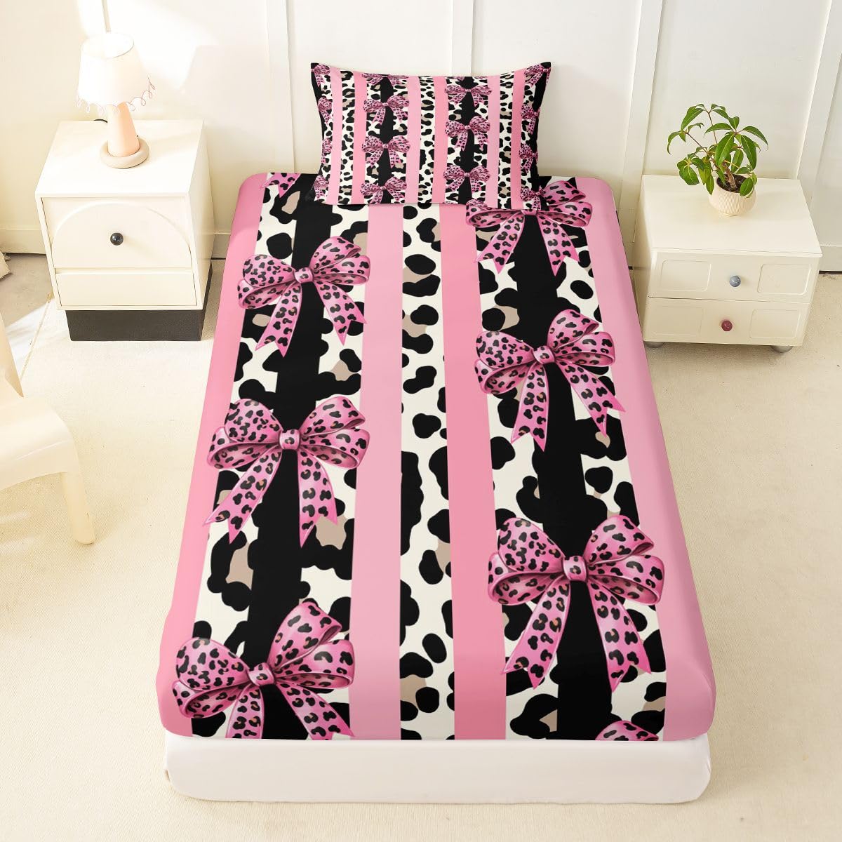 jejeloiu Girls Pink Bow Fitted Sheet with 1 Pillowcase Twin Size Leopard Bowknot Bed Sheets Set 16" Deep Pocket Boys Girls Striped Coquette Bow Bedding Teens Bedroom Decor Breathable