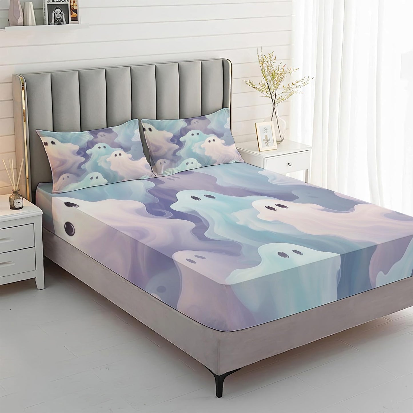 Rejkxyw King Size Sheets Set Cute Ghost - Cartoon Bed Sheets - Kids Boys Girls Sheet Set - 12 Inch Deep Pocket - Ultra Soft Winkle Free Microfiber Bedding Sheets & Pillowcases 4 Piece