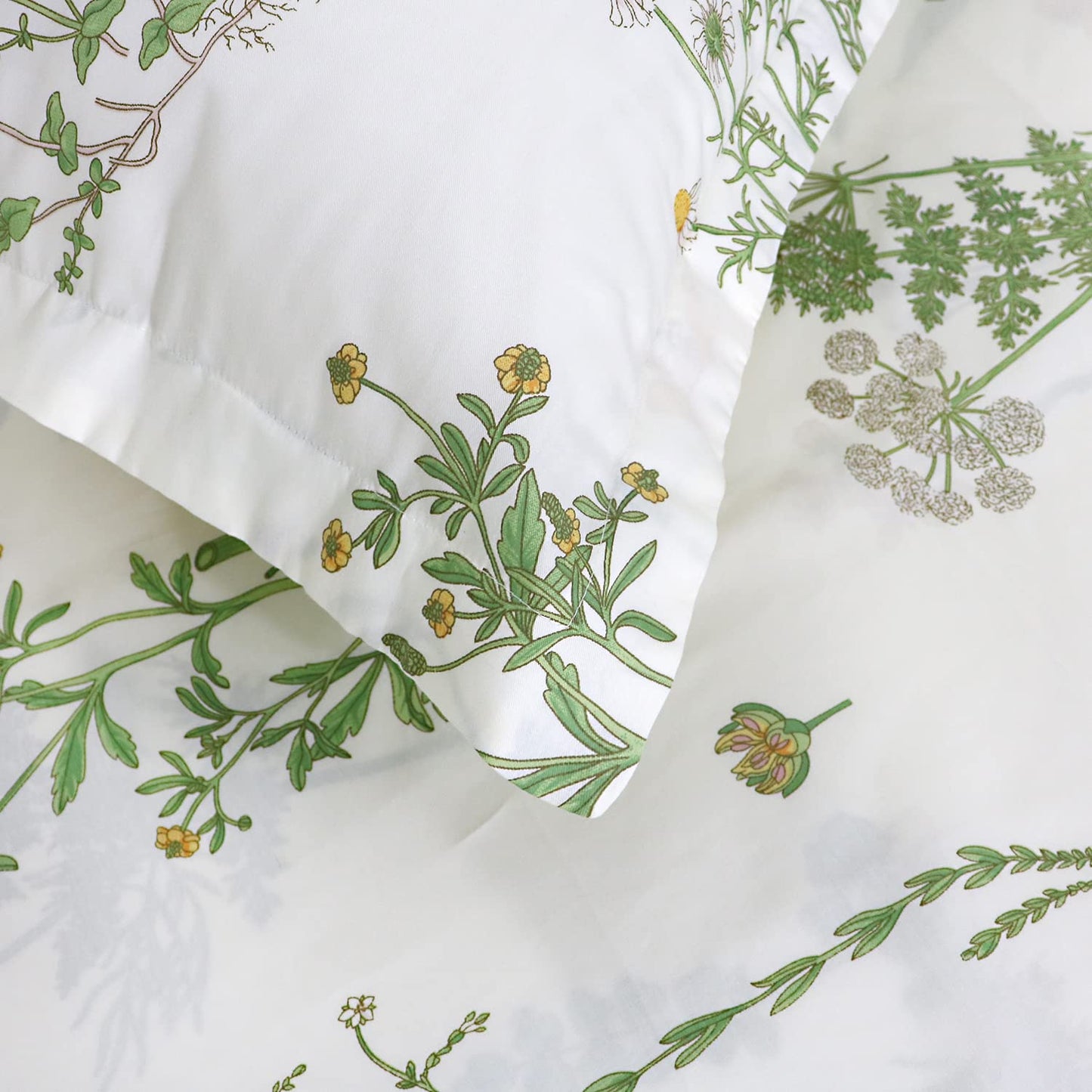 FADFAY Floral Fitted Sheet Set 100% Cotton White Bedding Set Green Flower Printed Pattern Flat Sheet Sets Shabby Comfy Chic Bed Sheet Sets Hypoallergenic Cozy House Sheets (4 Pieces, Full Size)