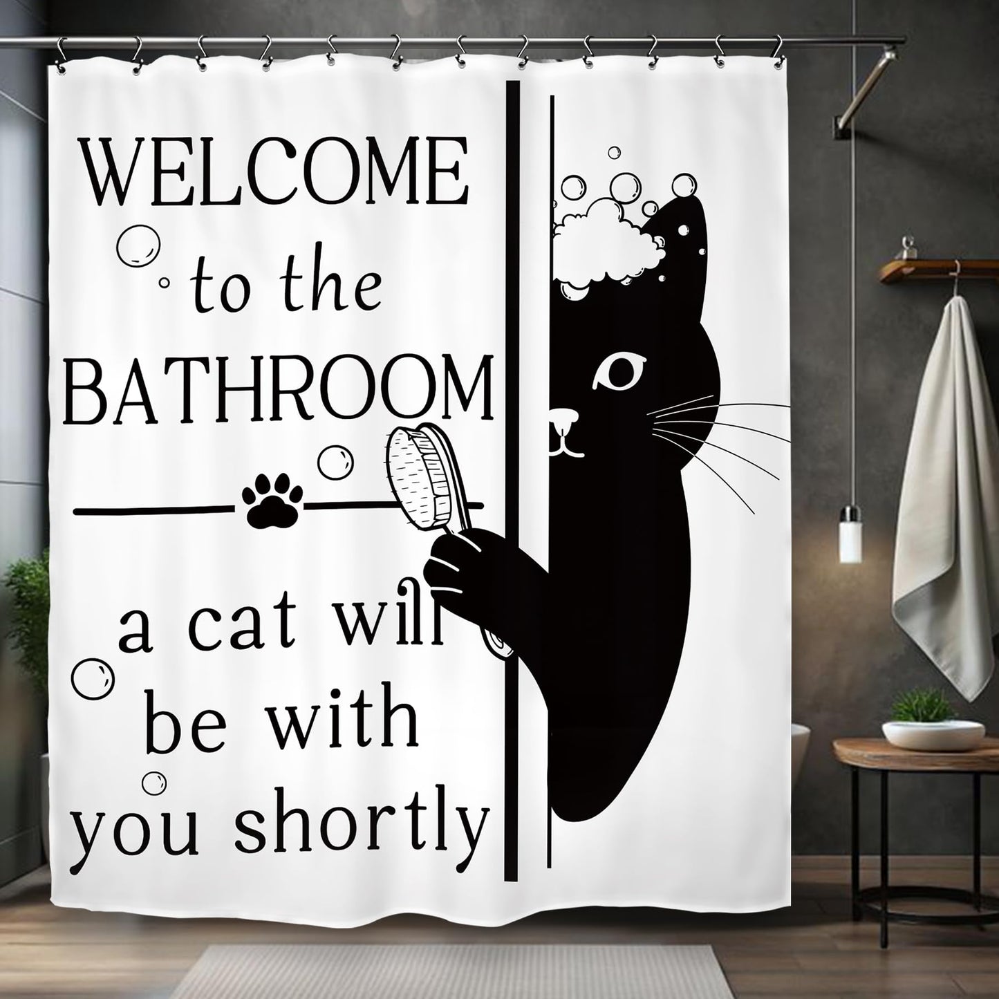 Kalmico Funny Hilarious Black Cat Shower Curtain 60Wx72L Inch Black White Cute Pet Animal Interesting Bathroom Set Accessories Decor with 12 Pack Hooks