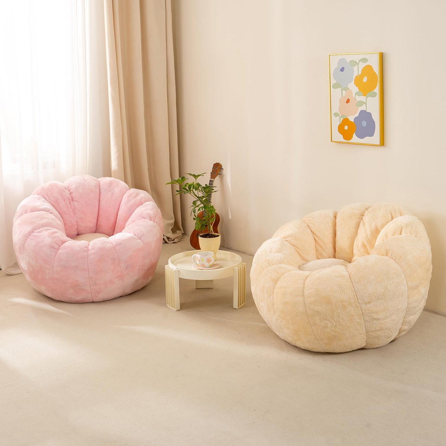 IEVENW Pumpkin Bean Bag Sofa Chair, Bean Bag Chair with Filler for Teens, Kids, Toddler, Comfy and Lazy Sofa for Dorm, Apartment, Living Room and Bedroom, Pink