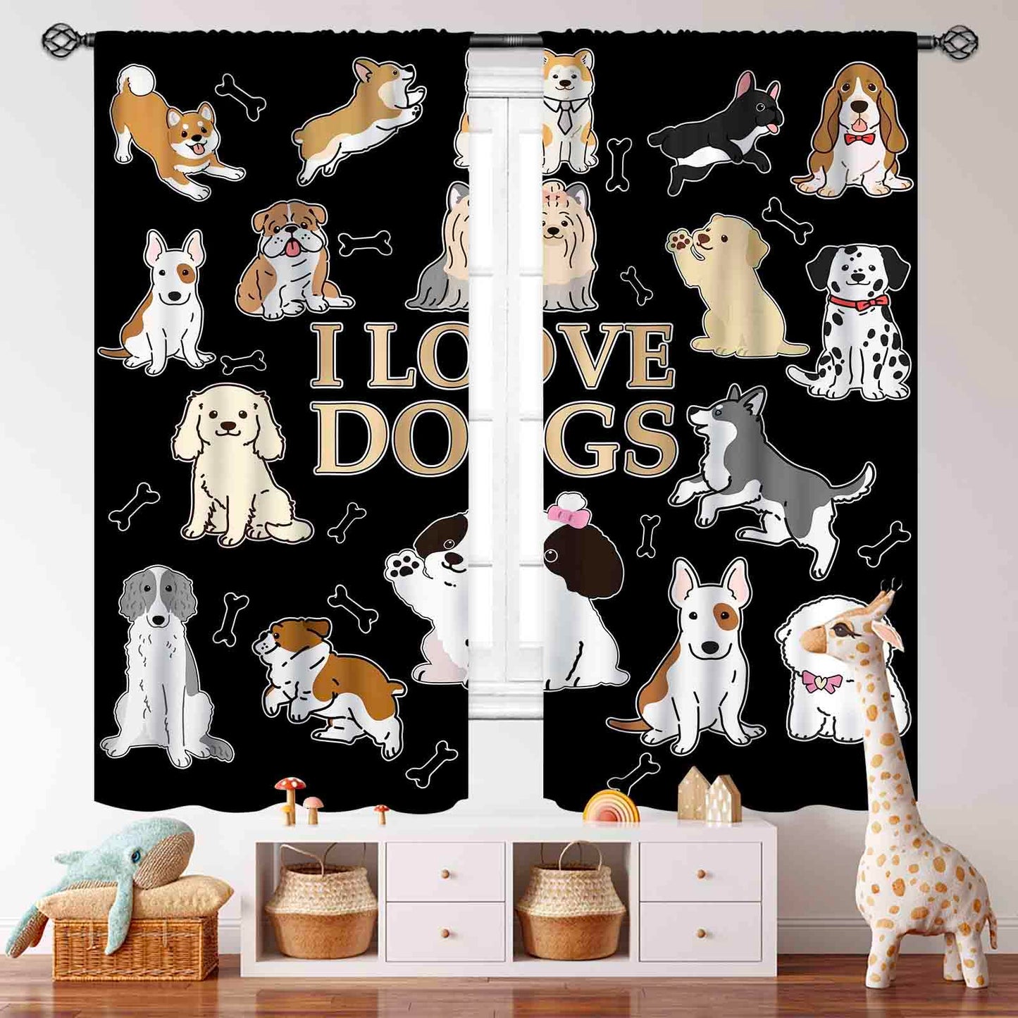 Dog Curtains,Cute Funny Watercolor Animals Dog Paw Print Cartoon Black Window Treatments for Kids Nursery Baby Bedroom Living Room 2 Panels,42X45 Inch