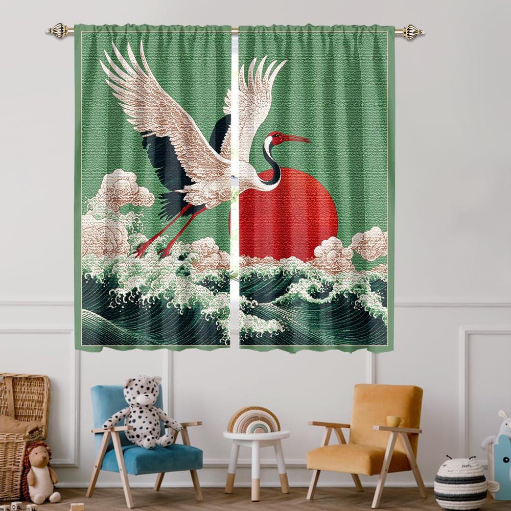 XSUPFLYM Retro Japanese Animal Crane Blackout Curtain for Living Room Modern Art Wildlife Crane Red Sun Nautical Ocean Waves Thermal Insulated Curtain for Bedroom 2 Panels Each 21" W x 54" L