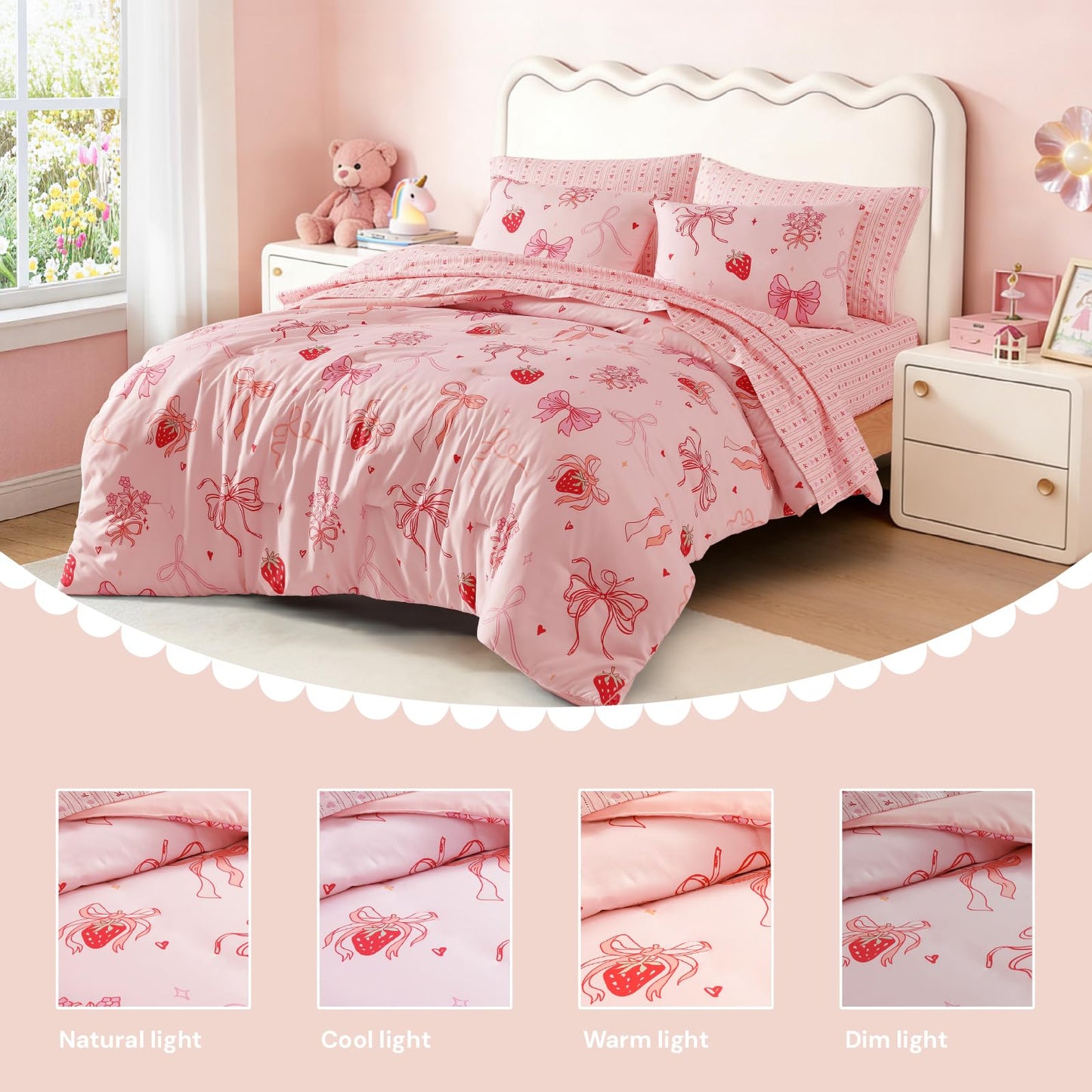 BLOOMHAVEN Twin XL Comforter Set for Girls, 5 Pieces Pink Bedding Set with Strawberry Bow, All Seasons Kids Twin Comforter Set with Sheets, Pillowcase & Sham